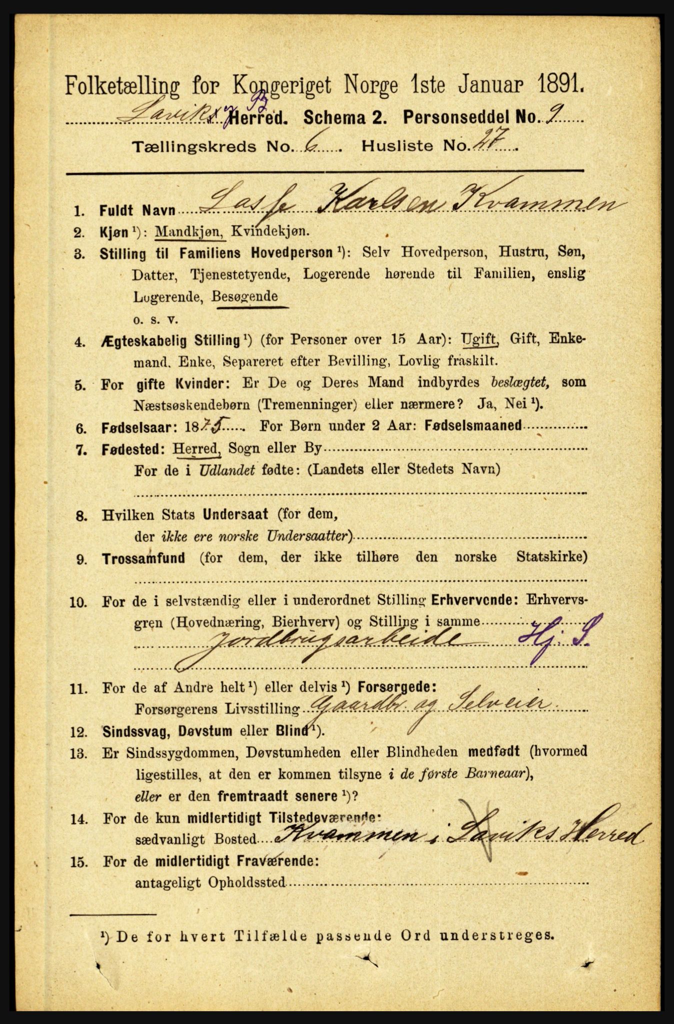 RA, 1891 census for 1415 Lavik og Brekke, 1891, p. 1314