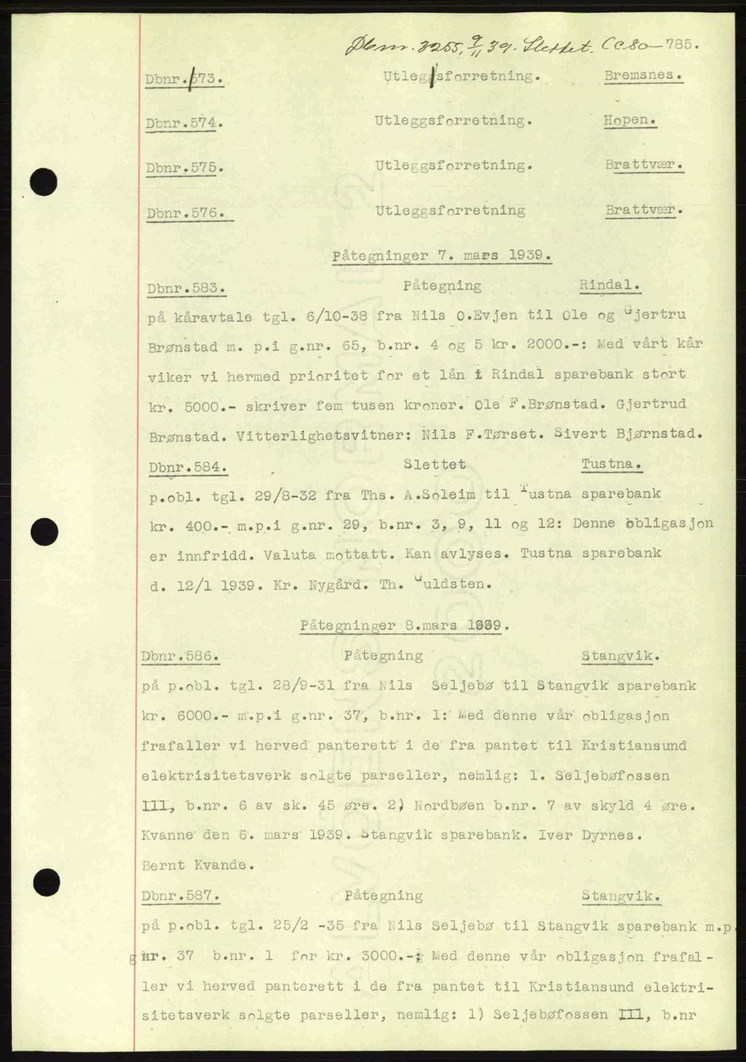 Nordmøre sorenskriveri, AV/SAT-A-4132/1/2/2Ca: Mortgage book no. C80, 1936-1939, Diary no: : 573/1939