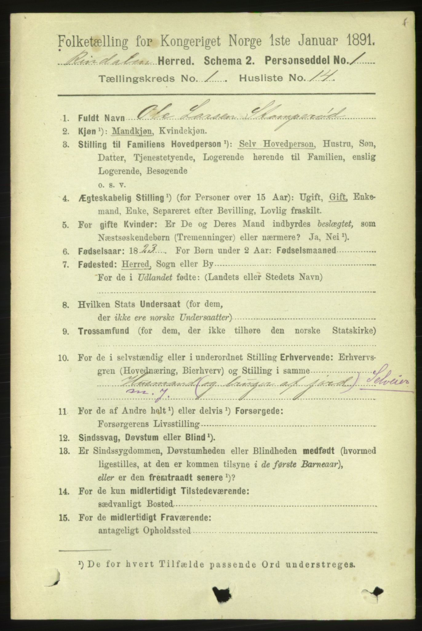 RA, 1891 census for 1567 Rindal, 1891, p. 138