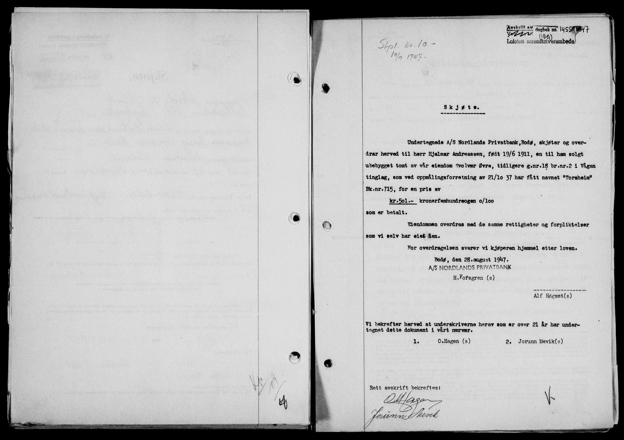 Lofoten sorenskriveri, SAT/A-0017/1/2/2C/L0016a: Mortgage book no. 16a, 1947-1947, Diary no: : 1455/1947