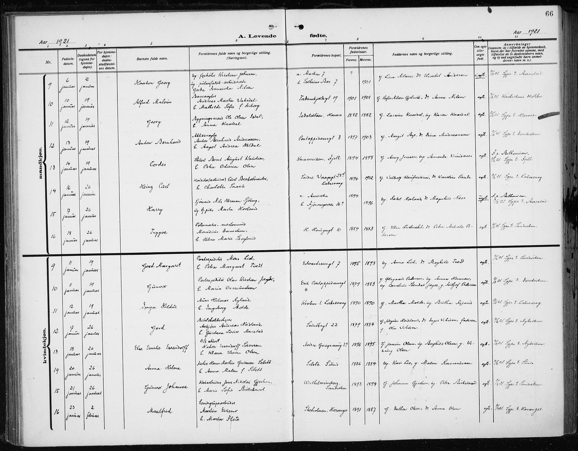 Fødselsstiftelsens sokneprestembete*, SAB/-: Parish register (official) no. A 5, 1918-1926, p. 66