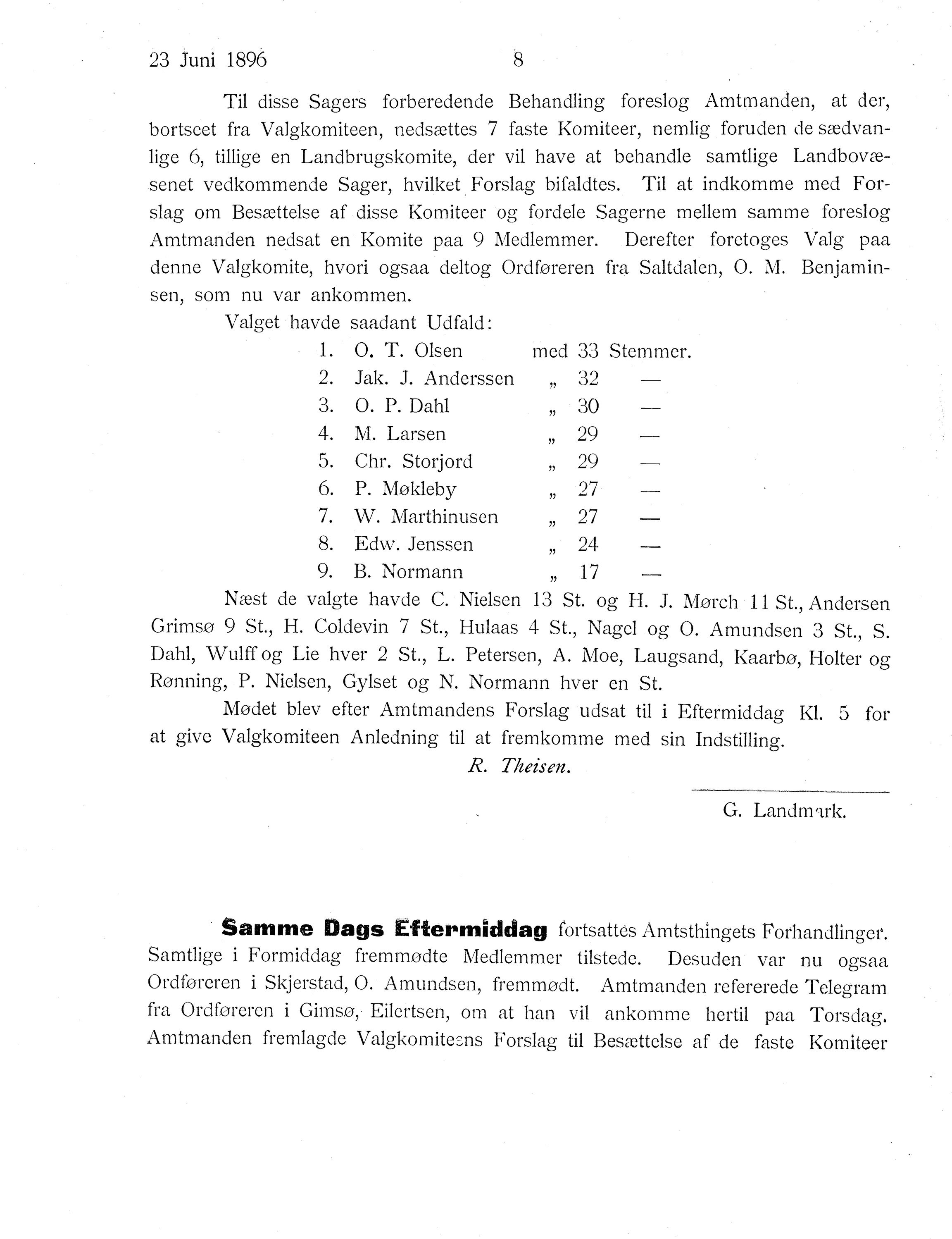 Nordland Fylkeskommune. Fylkestinget, AIN/NFK-17/176/A/Ac/L0019: Fylkestingsforhandlinger 1896, 1896