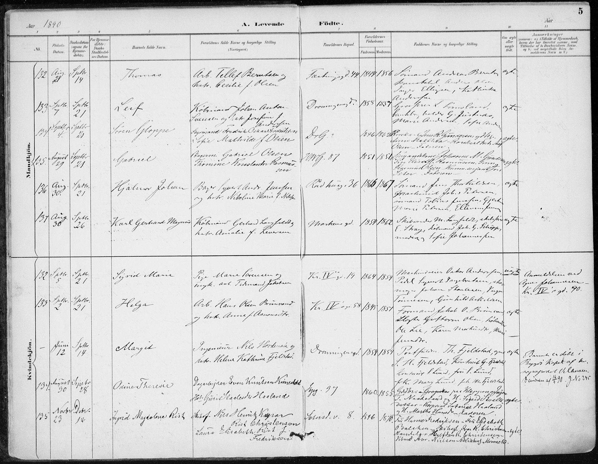 Kristiansand domprosti, AV/SAK-1112-0006/F/Fa/L0019: Parish register (official) no. A 18, 1890-1897, p. 5