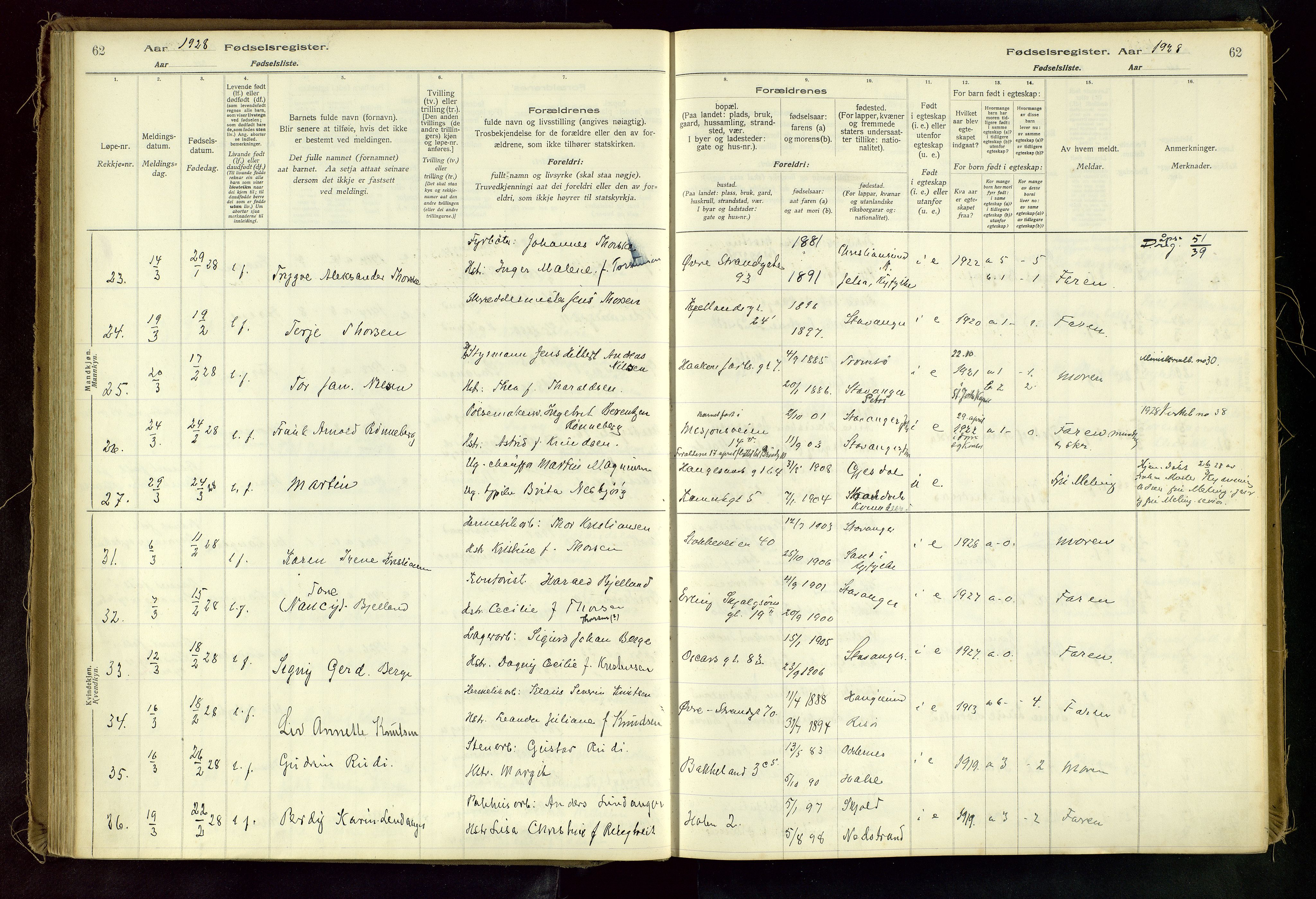 Domkirken sokneprestkontor, AV/SAST-A-101812/002/A/L0001: Birth register no. 1, 1925-1932, p. 62