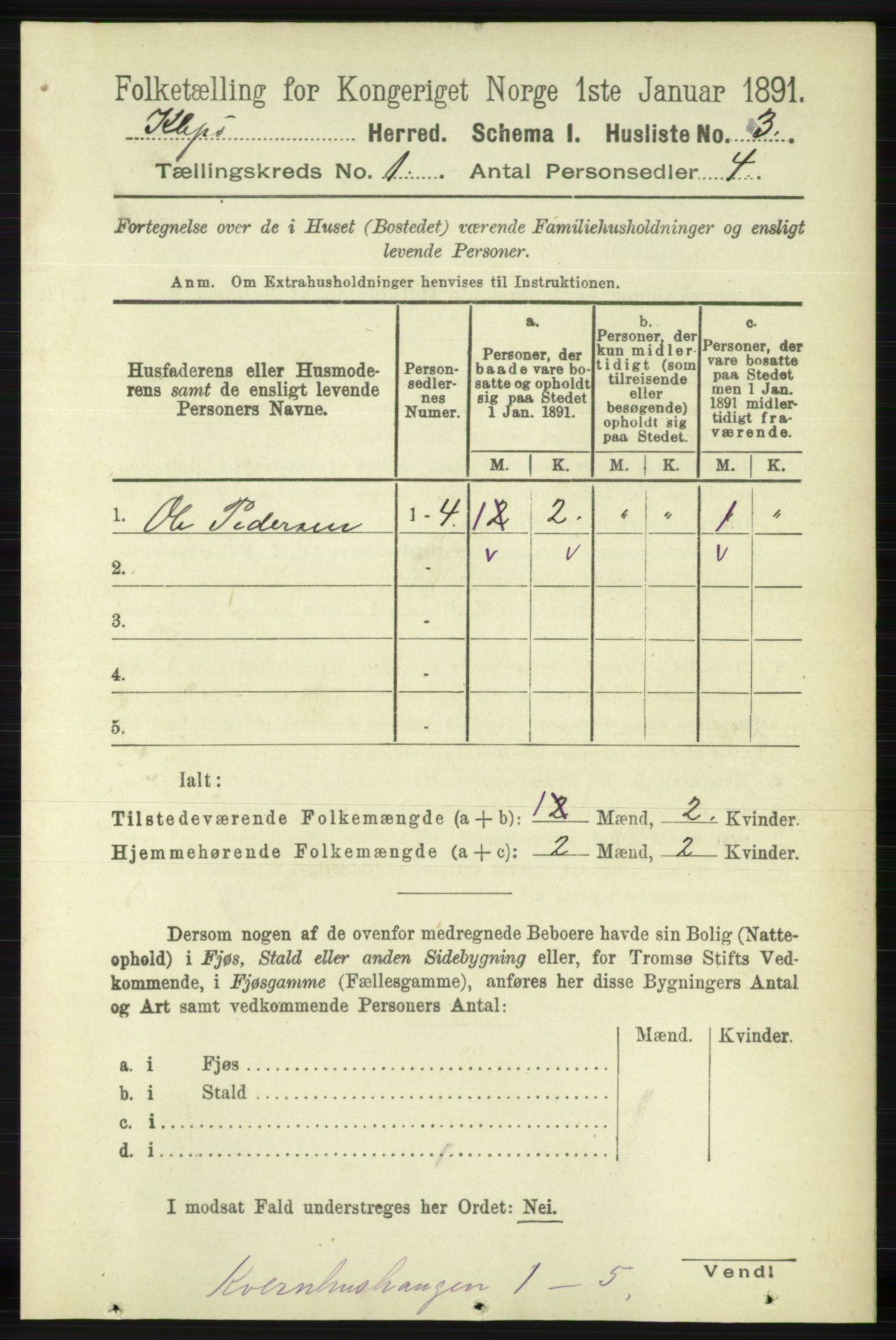 RA, 1891 census for 1120 Klepp, 1891, p. 30