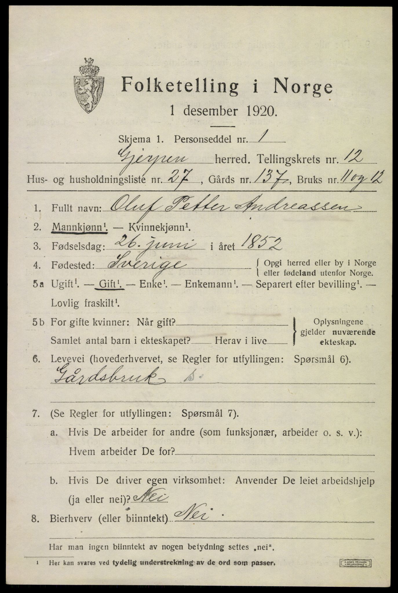 SAKO, 1920 census for Gjerpen, 1920, p. 13810