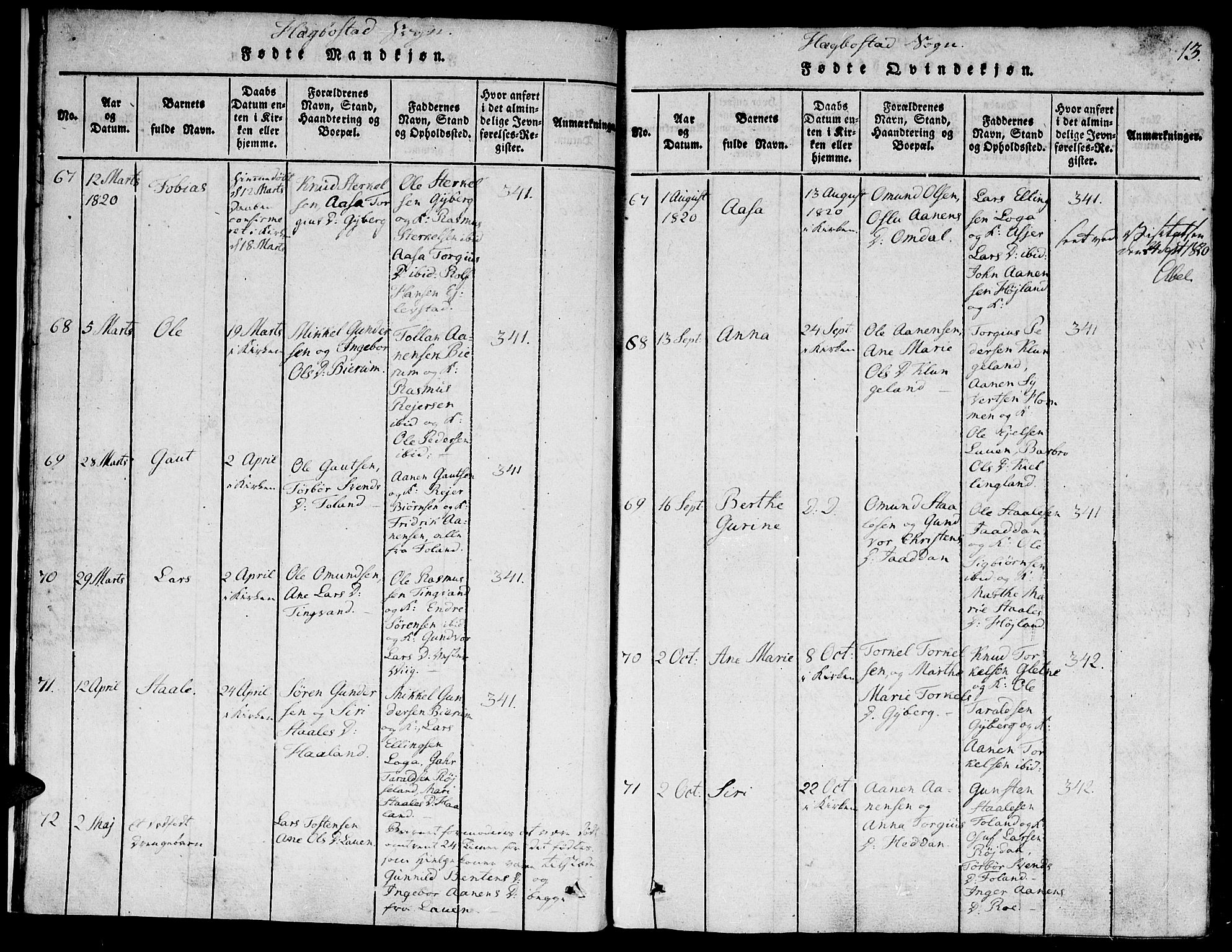 Hægebostad sokneprestkontor, AV/SAK-1111-0024/F/Fa/Faa/L0002: Parish register (official) no. A 2 /1, 1816-1825, p. 13