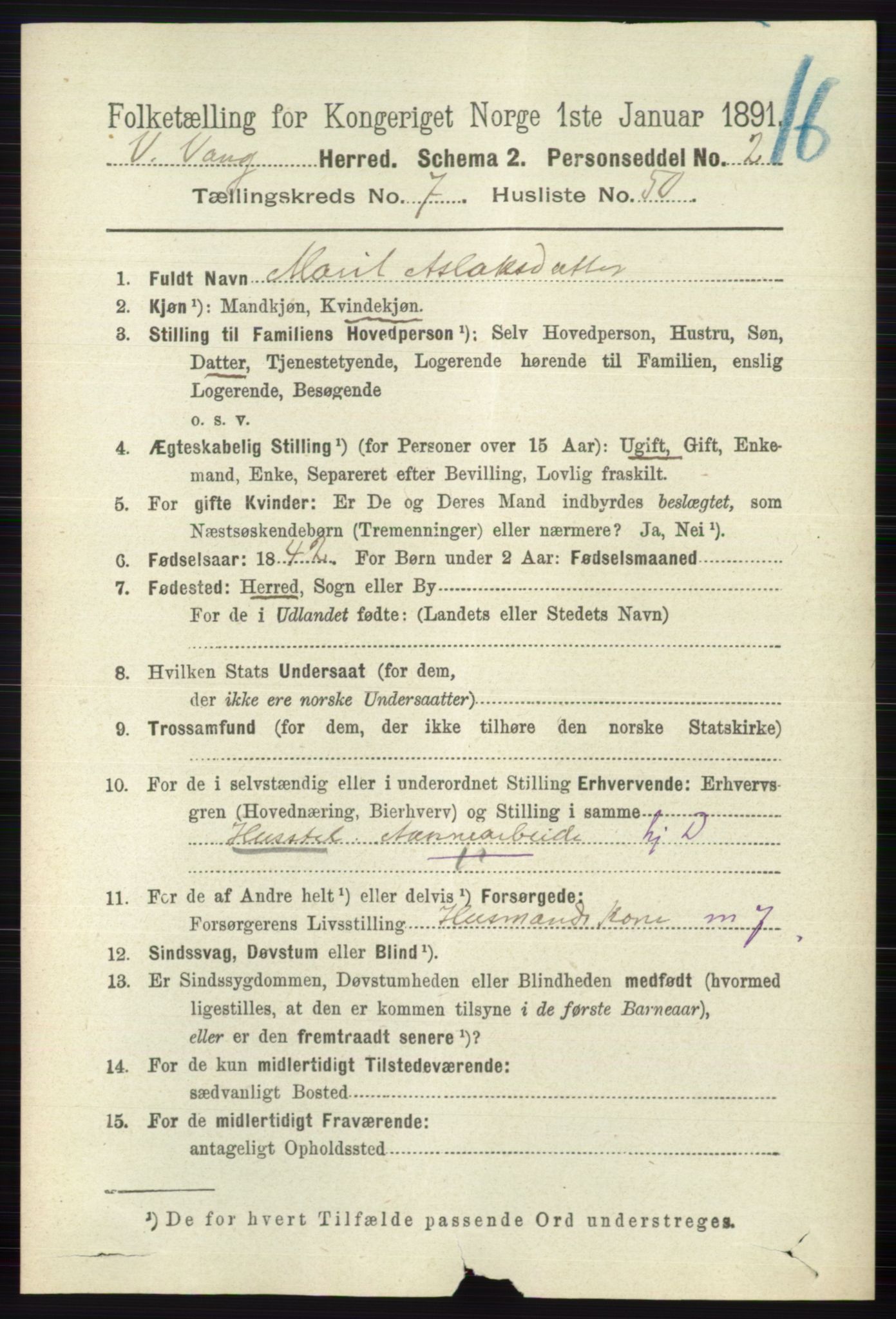 RA, 1891 census for 0545 Vang, 1891, p. 1720