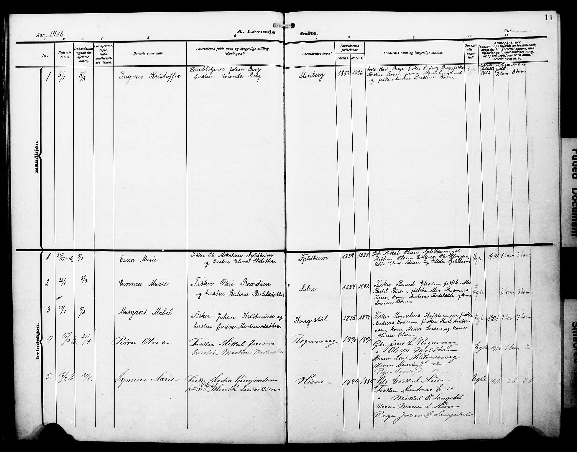 Lindås Sokneprestembete, SAB/A-76701/H/Hab: Parish register (copy) no. D 4, 1913-1928, p. 11