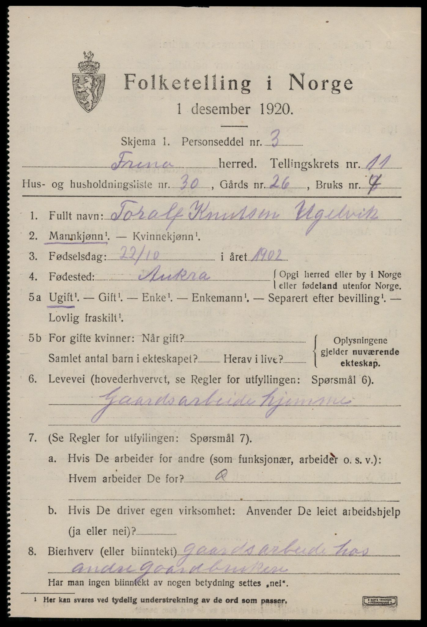 SAT, 1920 census for Fræna, 1920, p. 6463