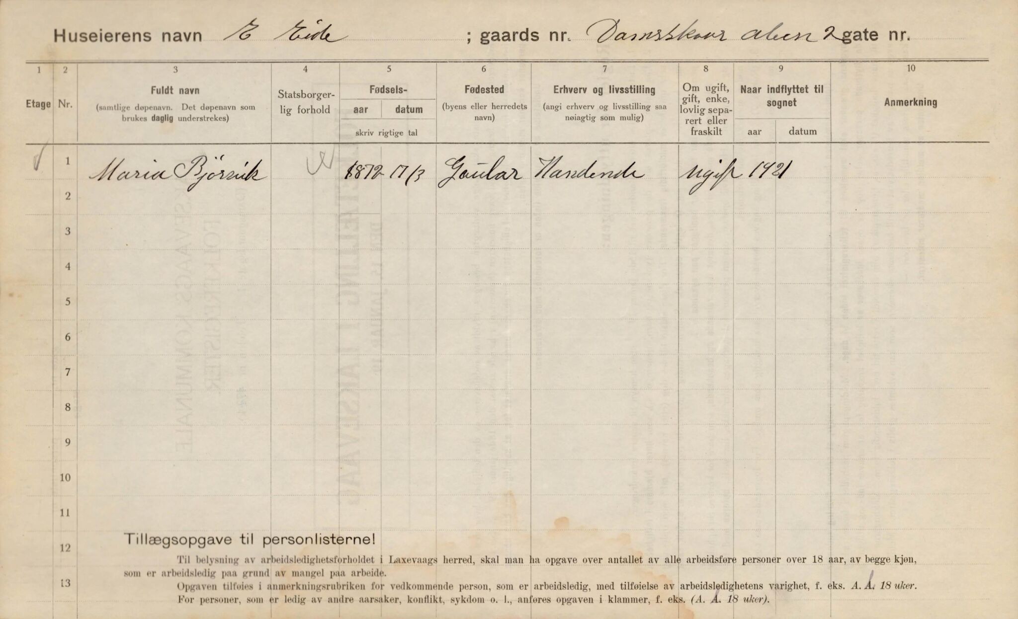 Laksevåg kommune. Folkeregisteret, BBA/A-1586/E/Ea/L0007: Folketellingskjema 1922, 1922