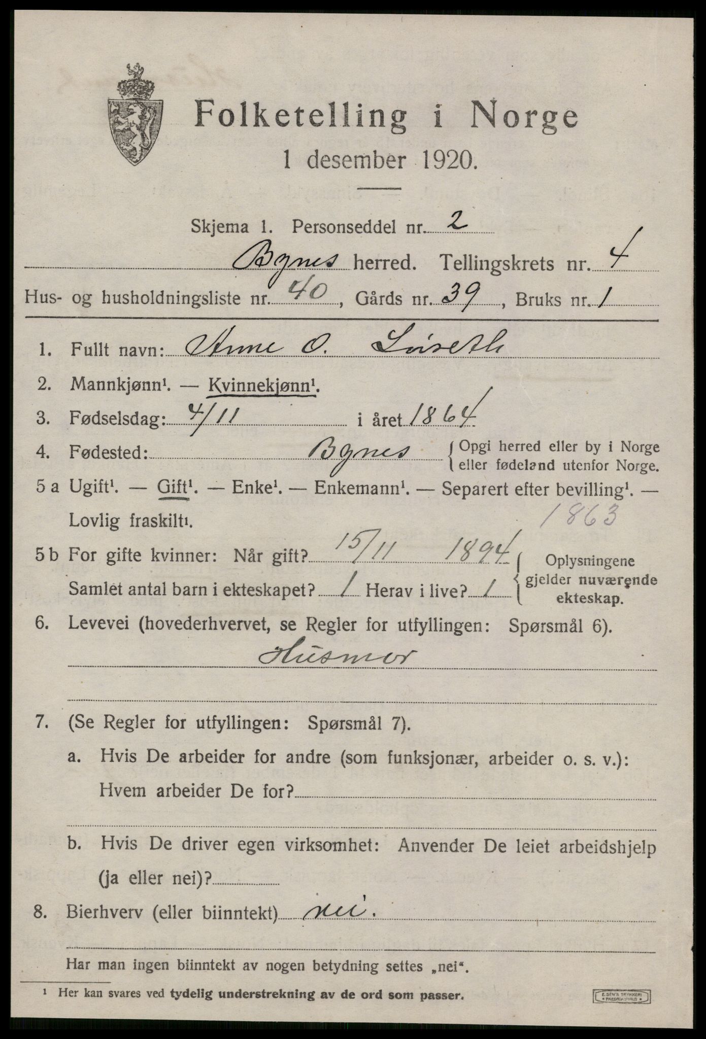 SAT, 1920 census for Byneset, 1920, p. 2486