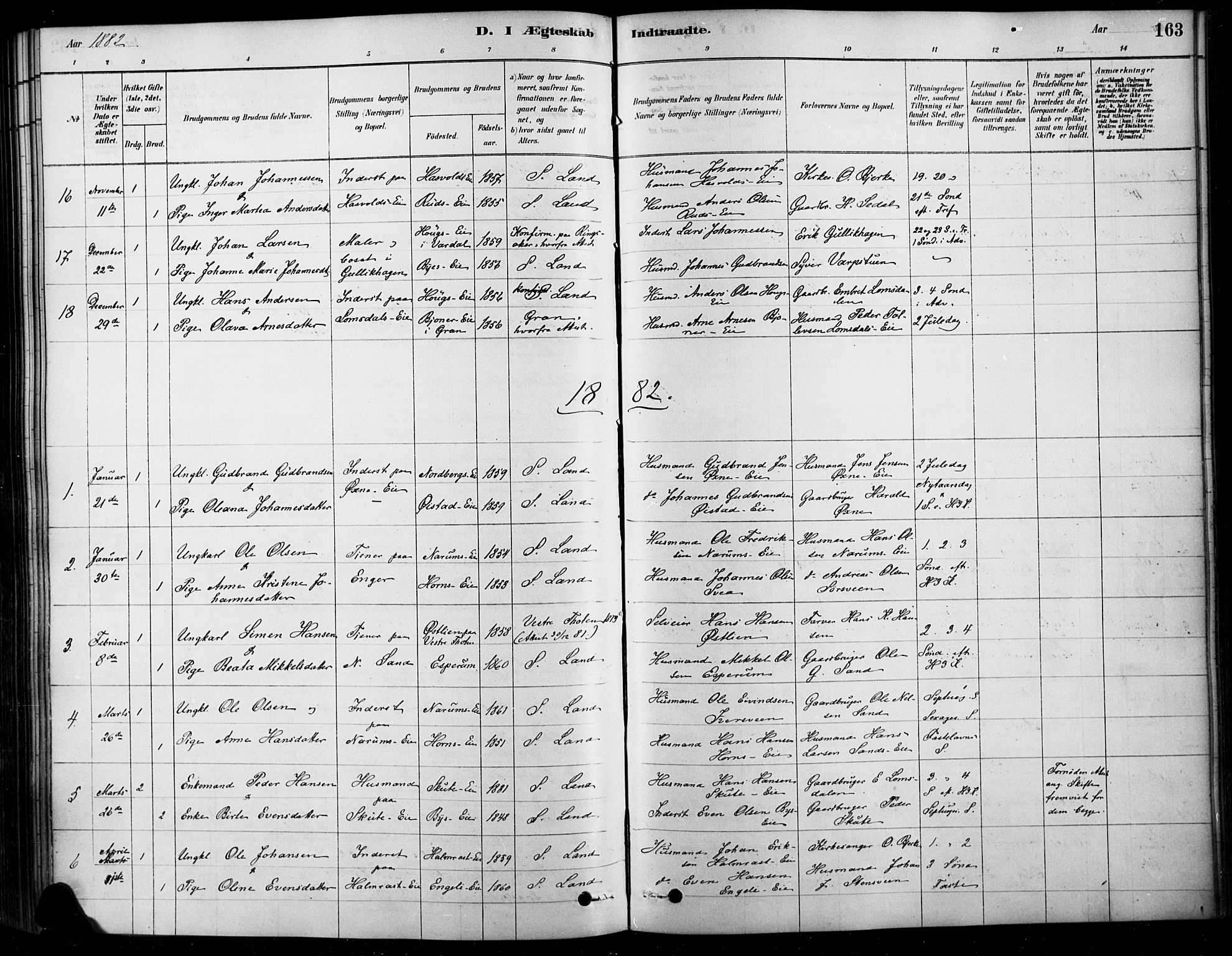 Søndre Land prestekontor, AV/SAH-PREST-122/K/L0003: Parish register (official) no. 3, 1878-1894, p. 163