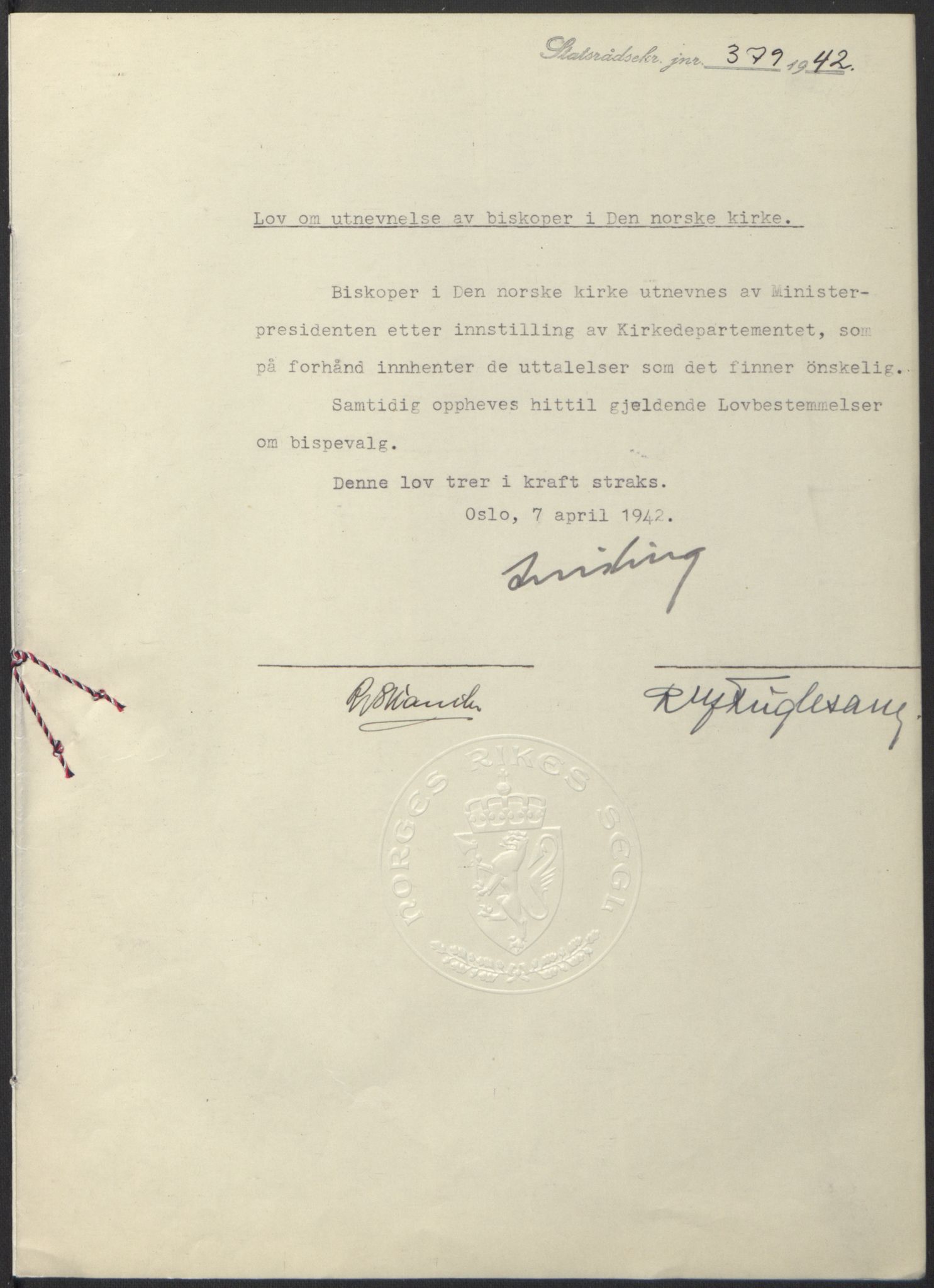 NS-administrasjonen 1940-1945 (Statsrådsekretariatet, de kommisariske statsråder mm), AV/RA-S-4279/D/Db/L0097: Lover I, 1942, p. 262