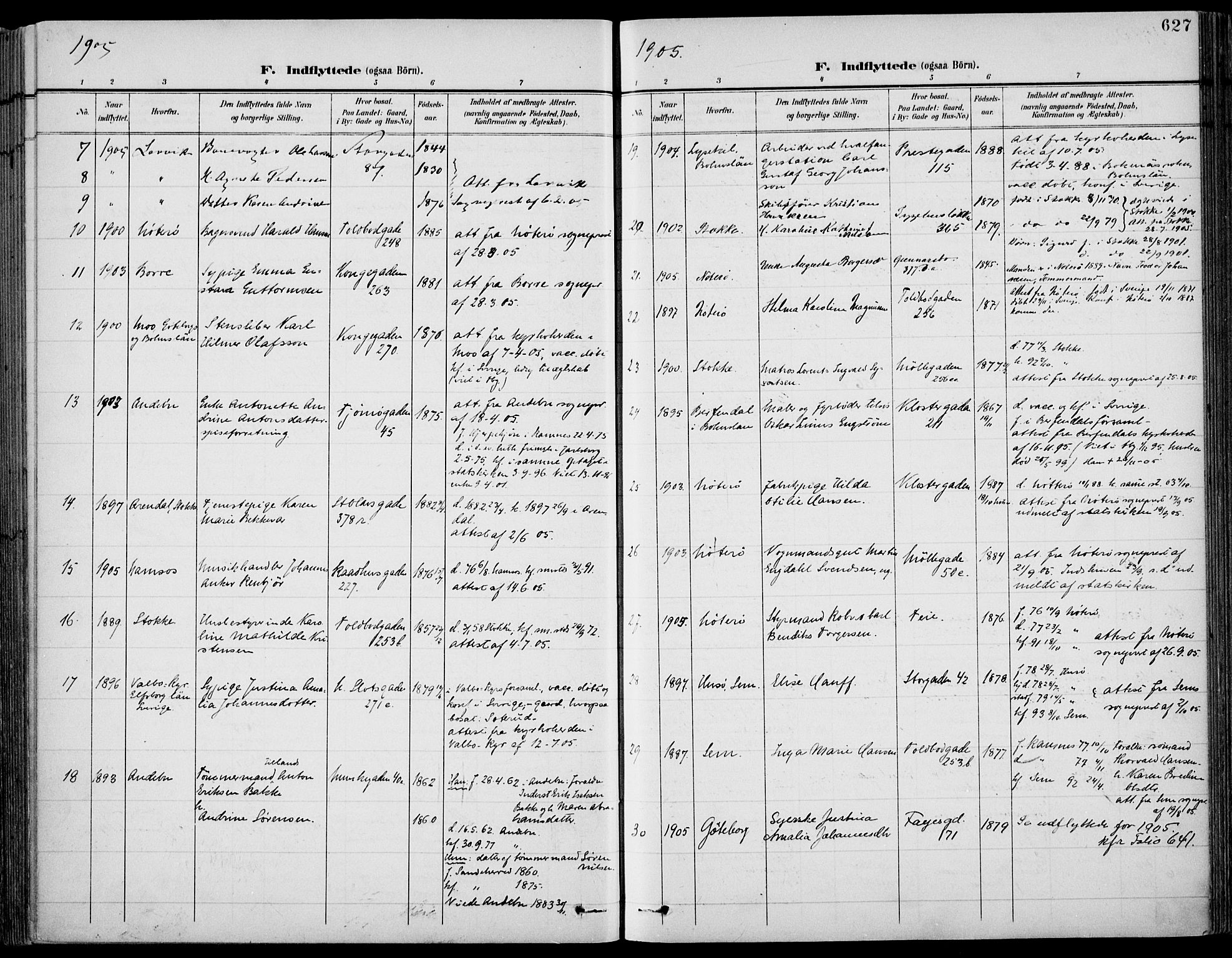 Tønsberg kirkebøker, AV/SAKO-A-330/F/Fa/L0013: Parish register (official) no. I 13, 1900-1913, p. 627