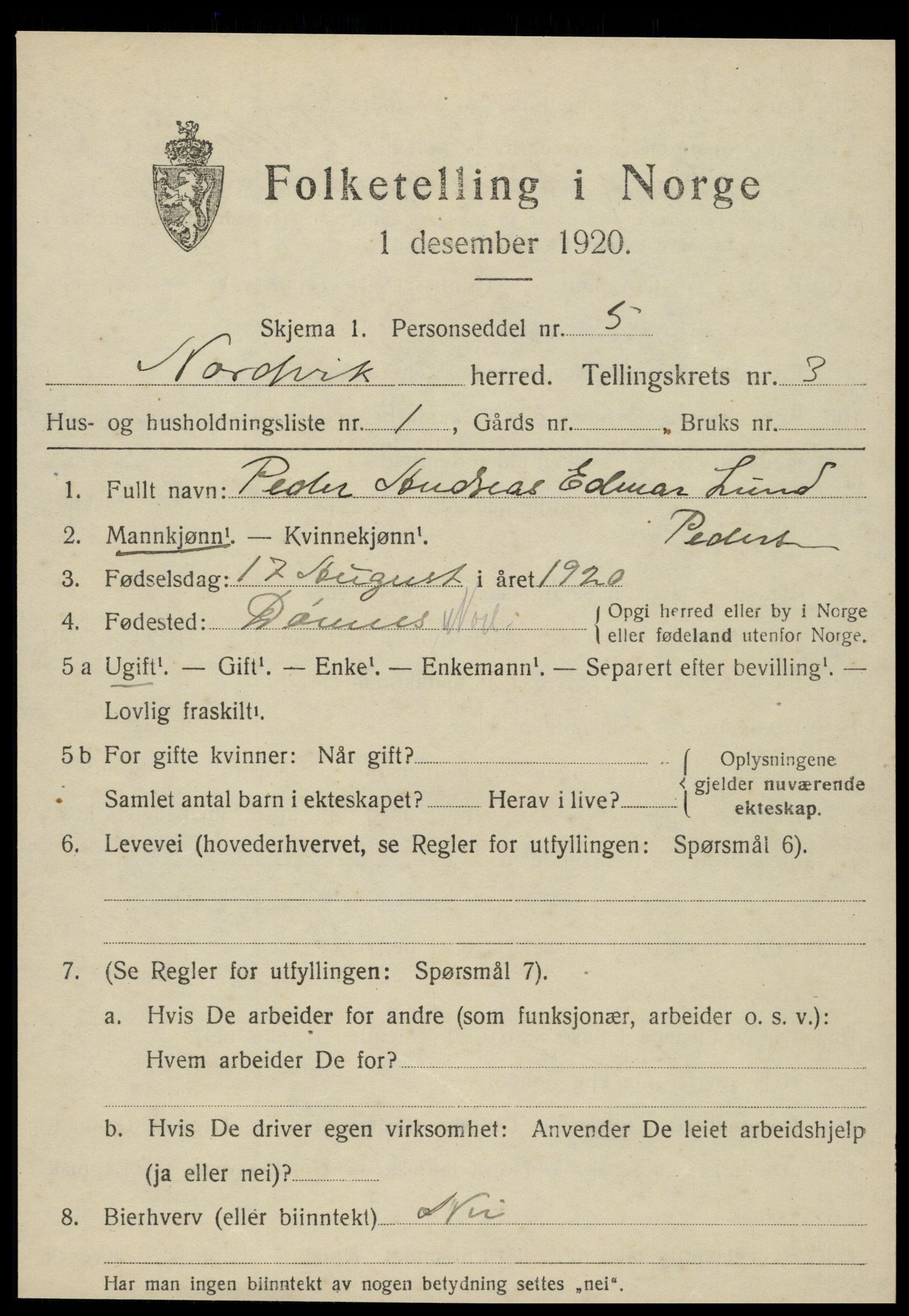 SAT, 1920 census for Nordvik, 1920, p. 1294