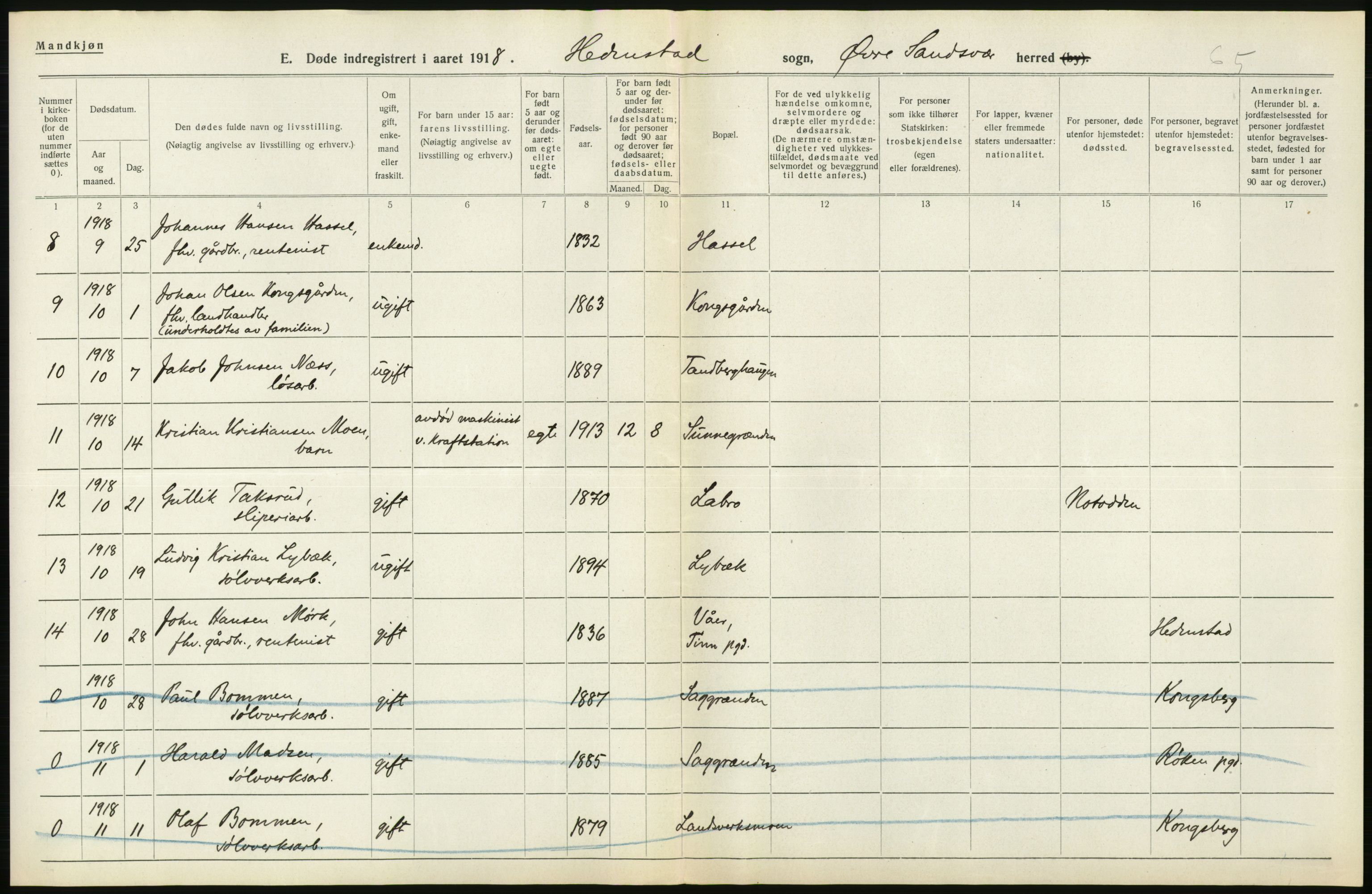 Statistisk sentralbyrå, Sosiodemografiske emner, Befolkning, AV/RA-S-2228/D/Df/Dfb/Dfbh/L0020: Buskerud fylke: Døde. Bygder og byer., 1918, p. 24