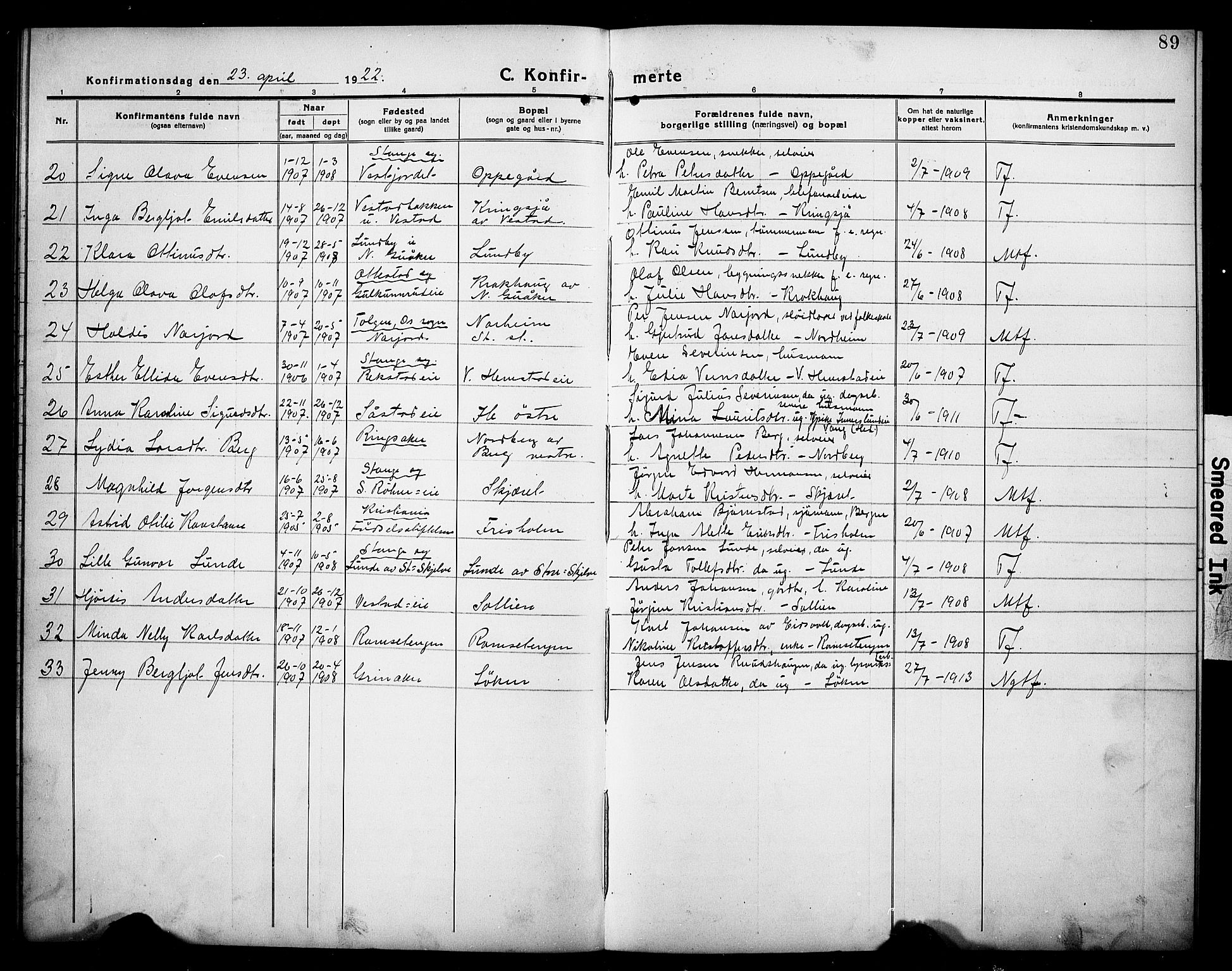 Stange prestekontor, AV/SAH-PREST-002/L/L0016: Parish register (copy) no. 16, 1918-1928, p. 89