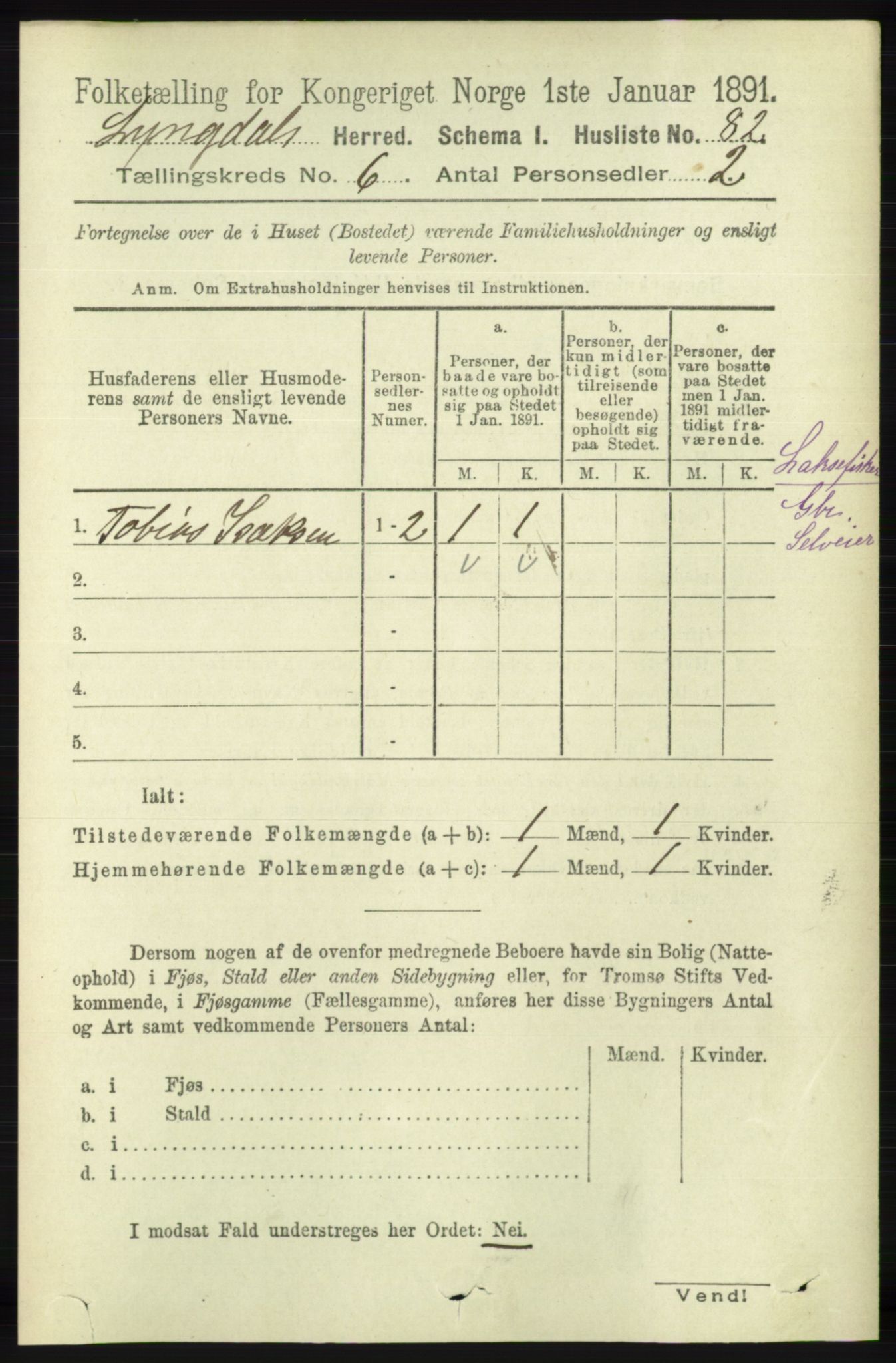 RA, 1891 census for 1032 Lyngdal, 1891, p. 2457