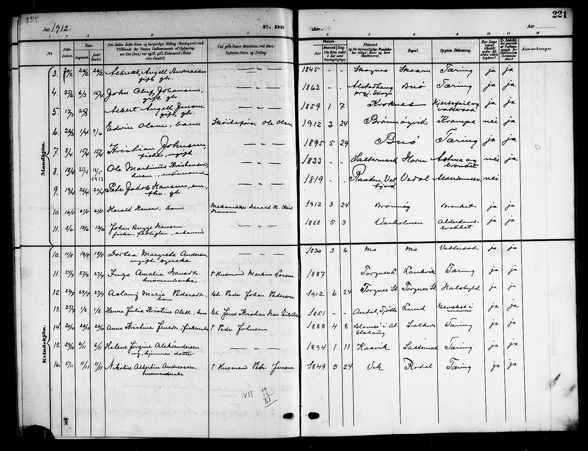 Ministerialprotokoller, klokkerbøker og fødselsregistre - Nordland, SAT/A-1459/813/L0214: Parish register (copy) no. 813C06, 1904-1917, p. 221