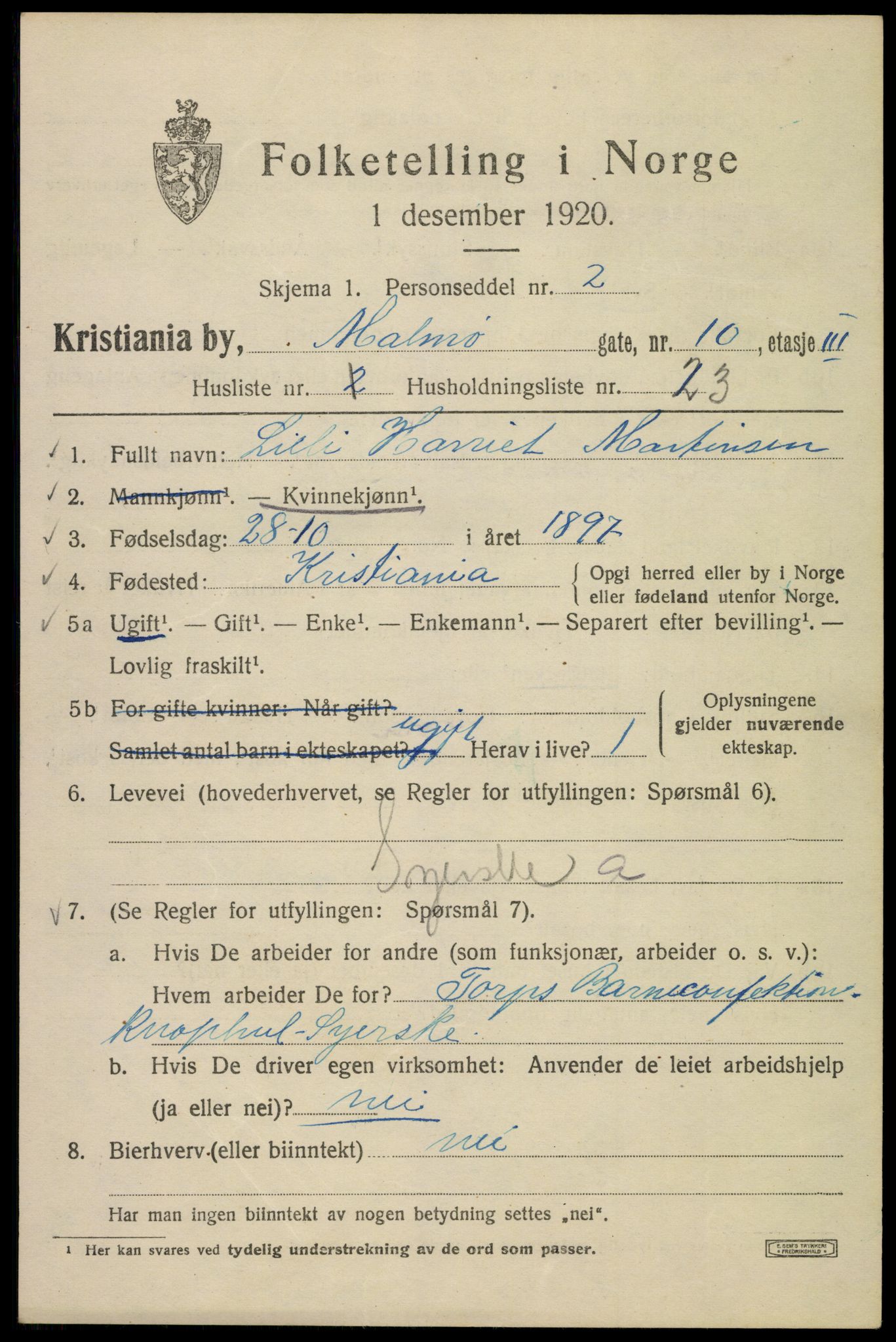 SAO, 1920 census for Kristiania, 1920, p. 373589