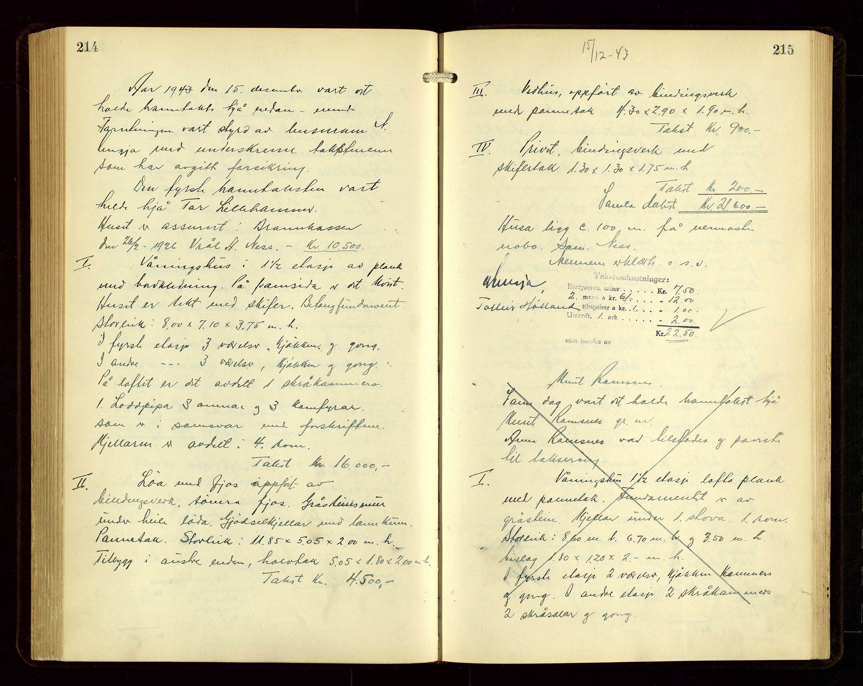 Sauda lensmannskontor, AV/SAST-A-100177/Goa/L0004: "Brandtakstprotokoll for Sauda lensmannsdistrikt", 1934-1946, p. 214-215