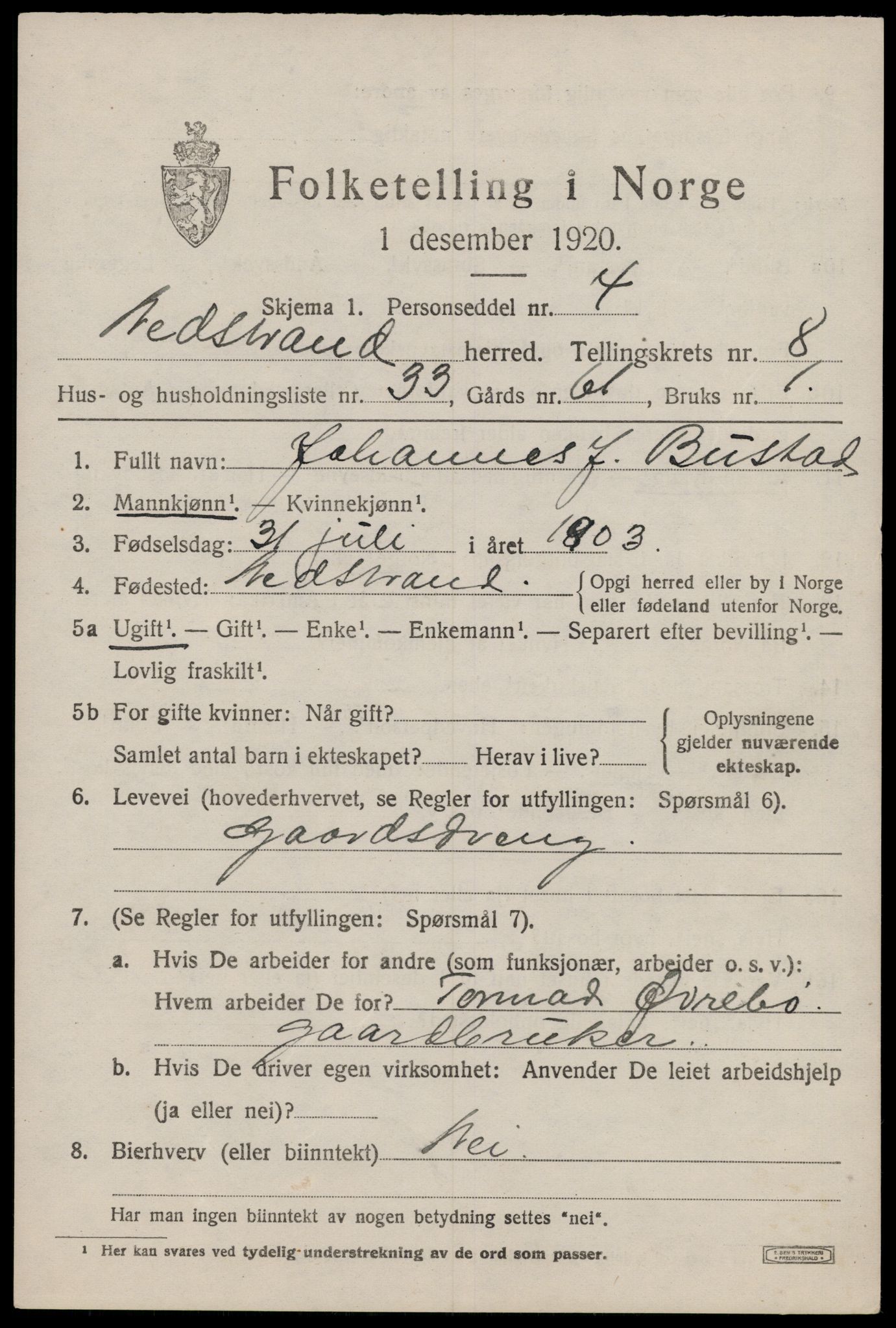 SAST, 1920 census for Nedstrand, 1920, p. 3233