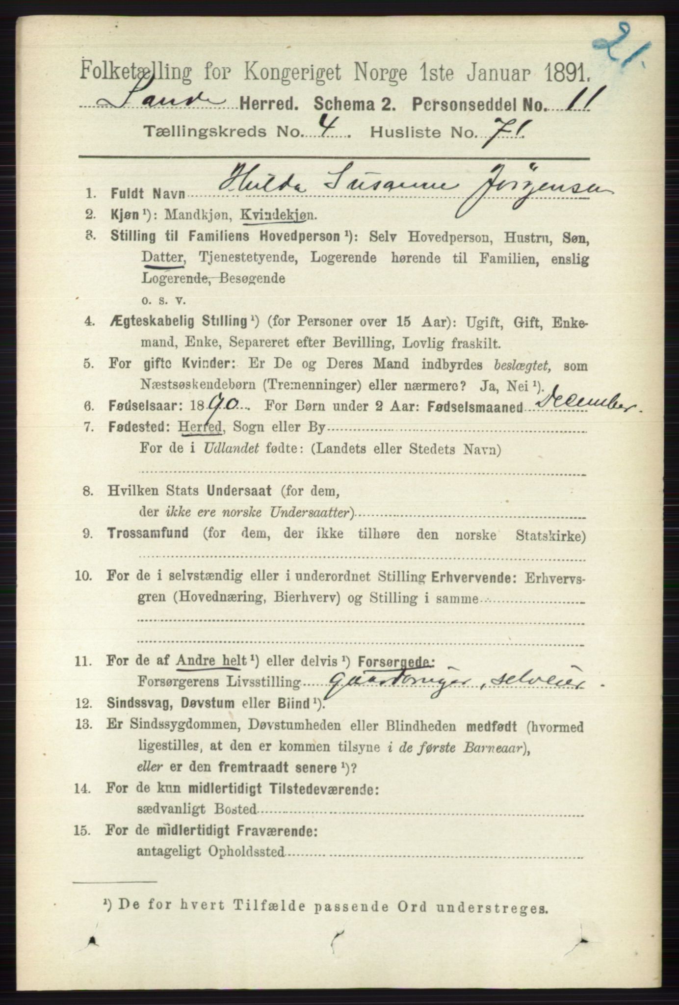 RA, 1891 census for 0713 Sande, 1891, p. 1920