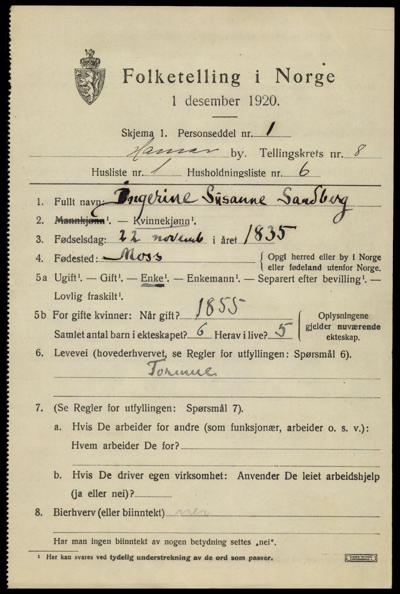 SAH, 1920 census for Hamar, 1920, p. 14087