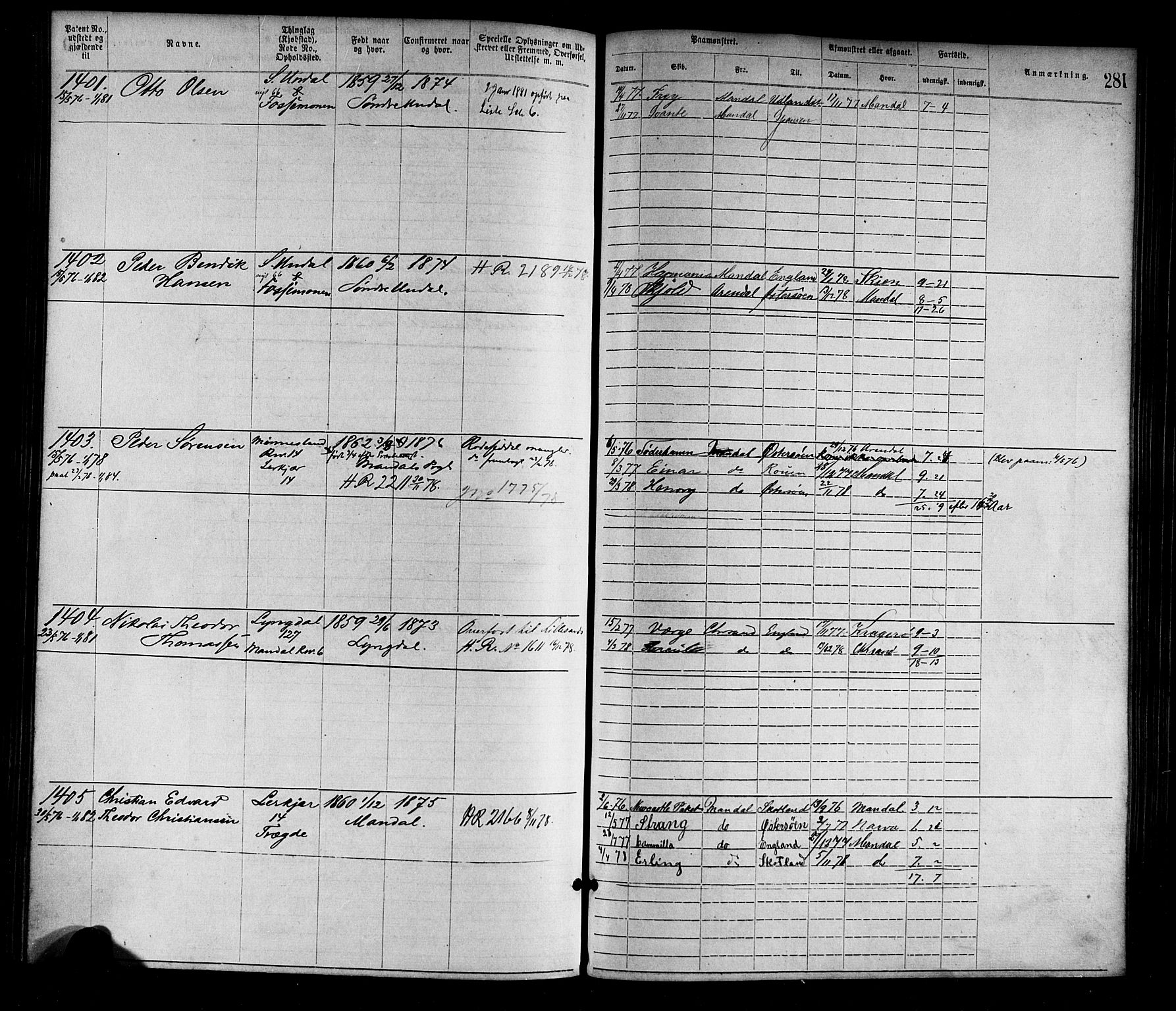Mandal mønstringskrets, SAK/2031-0016/F/Fa/L0001: Annotasjonsrulle nr 1-1920 med register, L-3, 1869-1881, p. 318