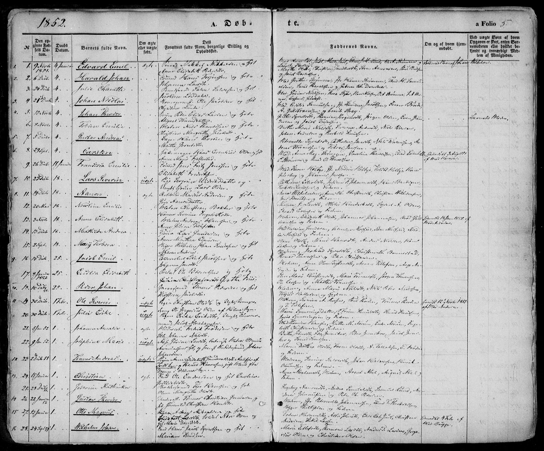 Kristiansand domprosti, SAK/1112-0006/F/Fa/L0014: Parish register (official) no. A 14, 1852-1867, p. 5