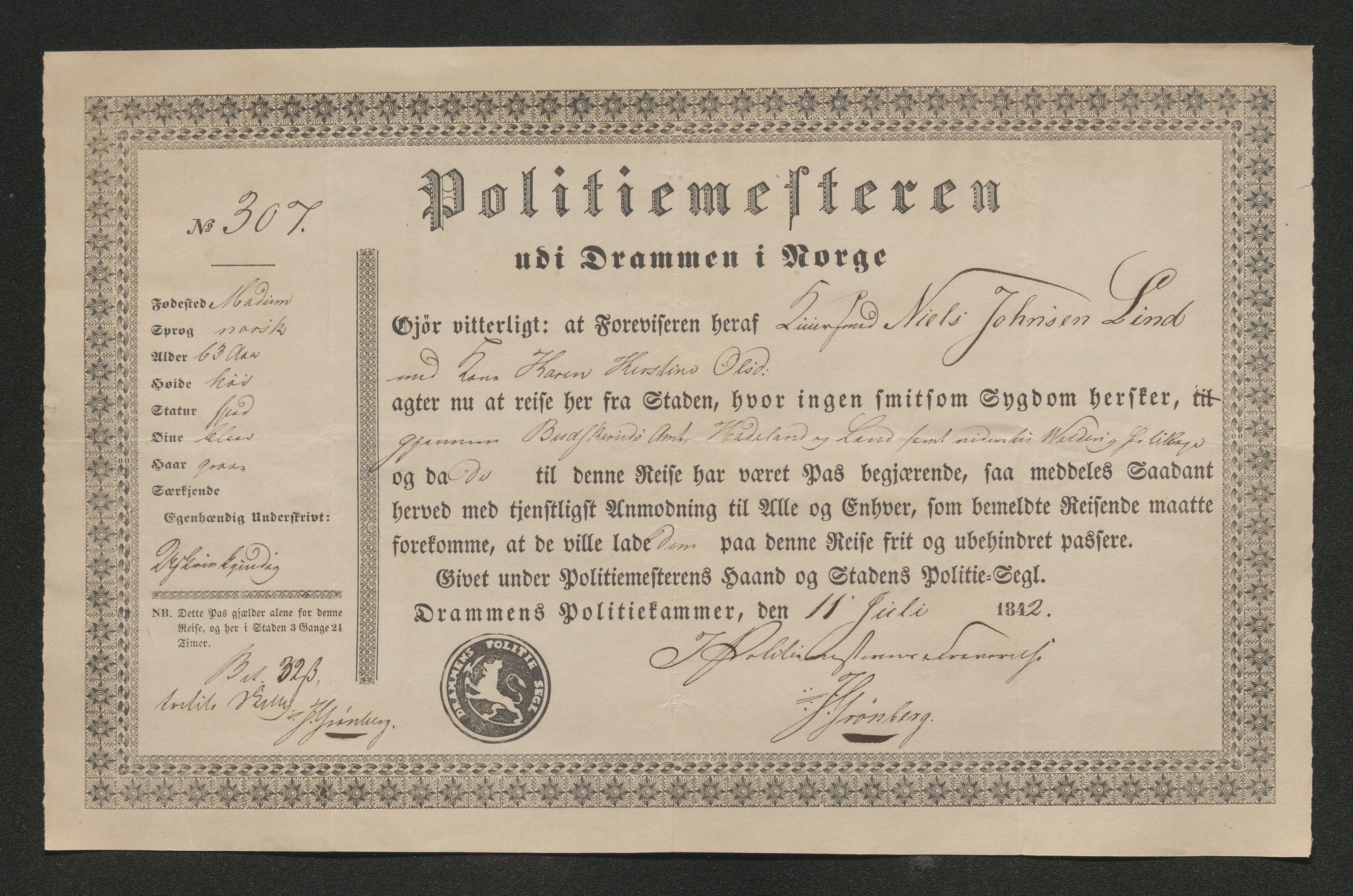 Drammen politikammer, AV/SAKO-A-623/I/Ia/Iab/L0006: Innleverte pass, 1841-1842, p. 555