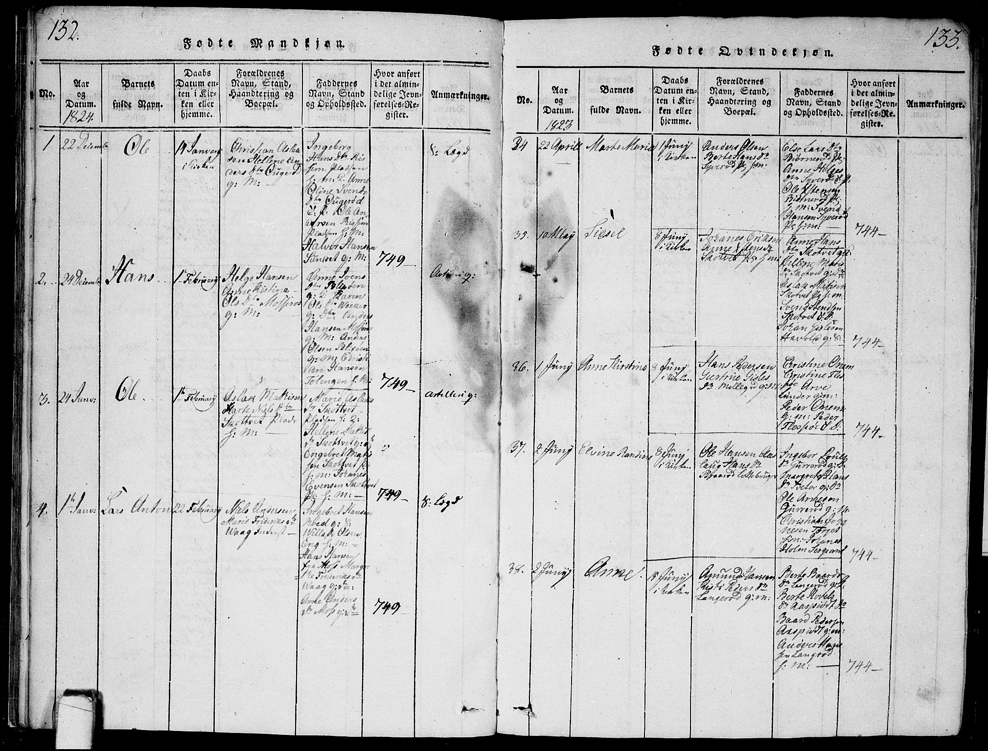 Våler prestekontor Kirkebøker, SAO/A-11083/G/Ga/L0001: Parish register (copy) no. I 1, 1815-1839, p. 132-133