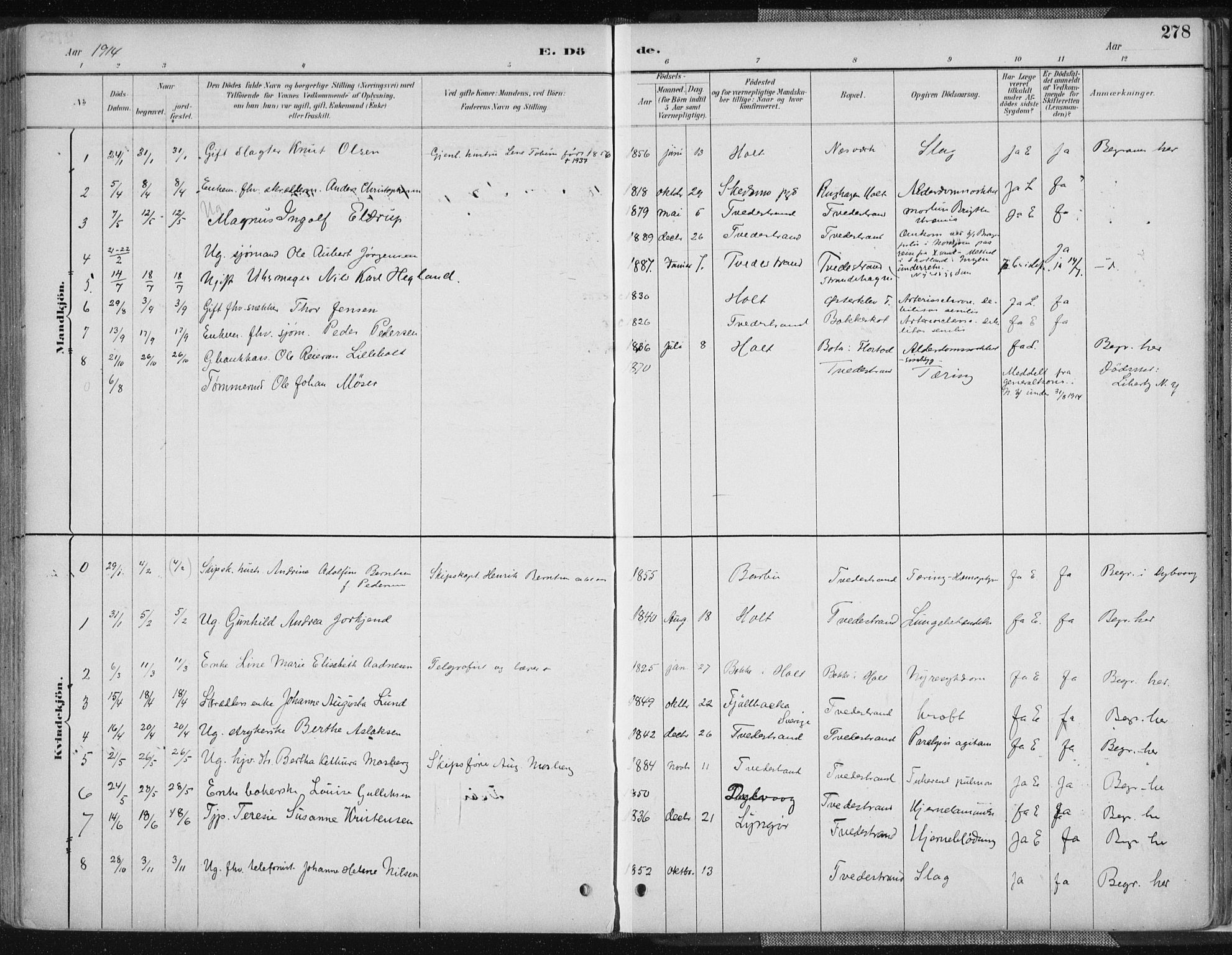 Tvedestrand sokneprestkontor, AV/SAK-1111-0042/F/Fa/L0001: Parish register (official) no. A 1, 1885-1916, p. 278