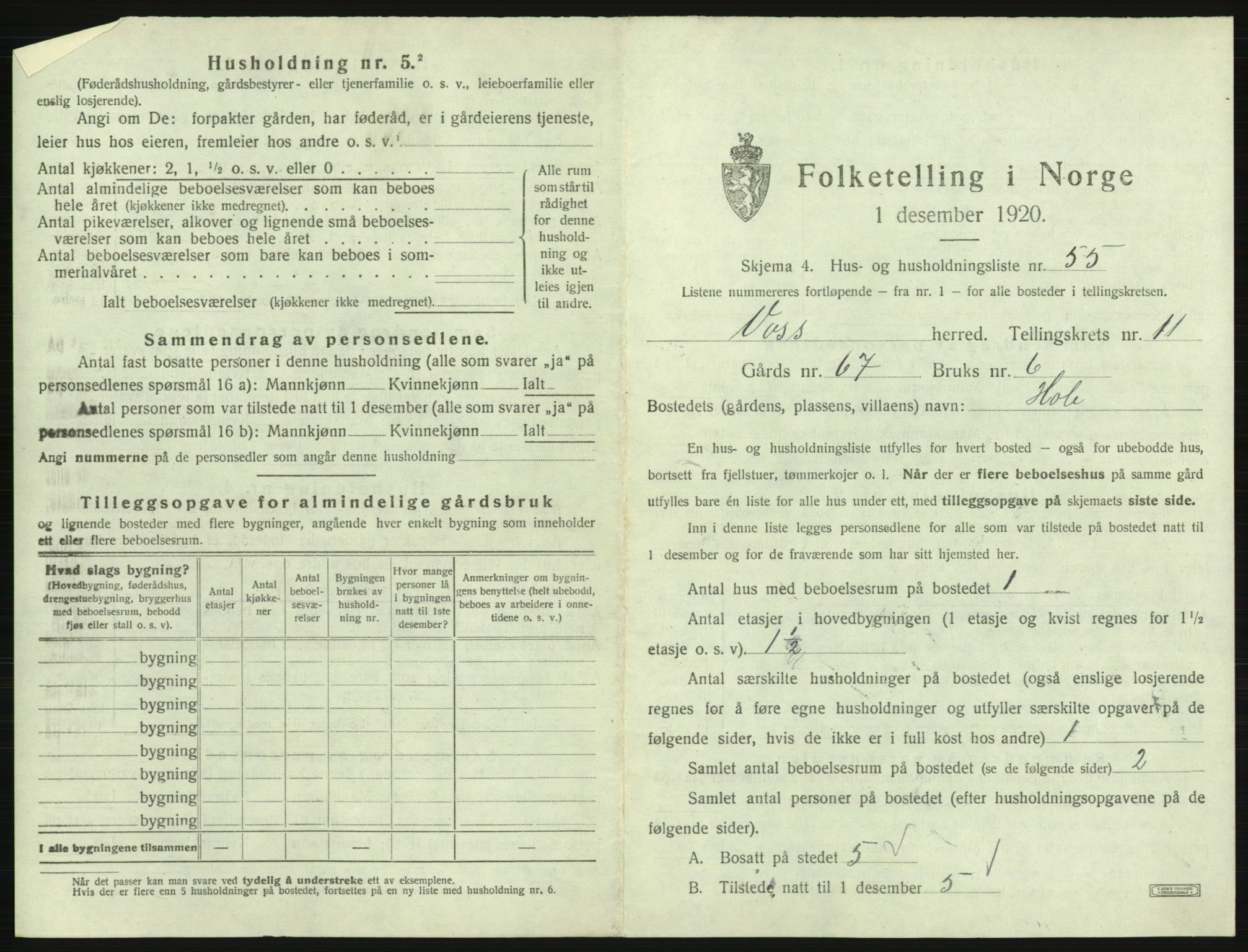 SAB, 1920 census for Voss, 1920, p. 1161