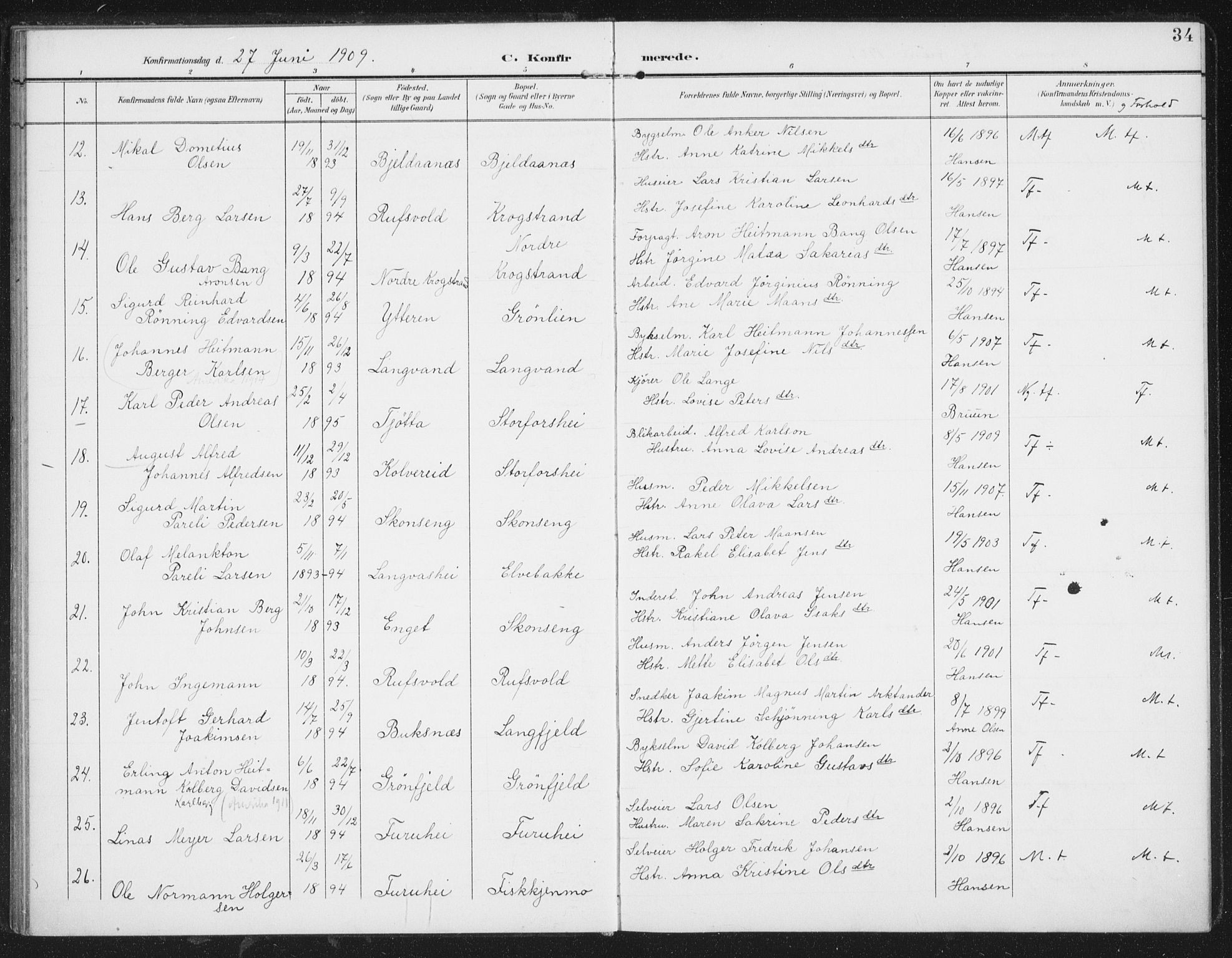 Ministerialprotokoller, klokkerbøker og fødselsregistre - Nordland, AV/SAT-A-1459/827/L0403: Parish register (official) no. 827A15, 1903-1912, p. 34