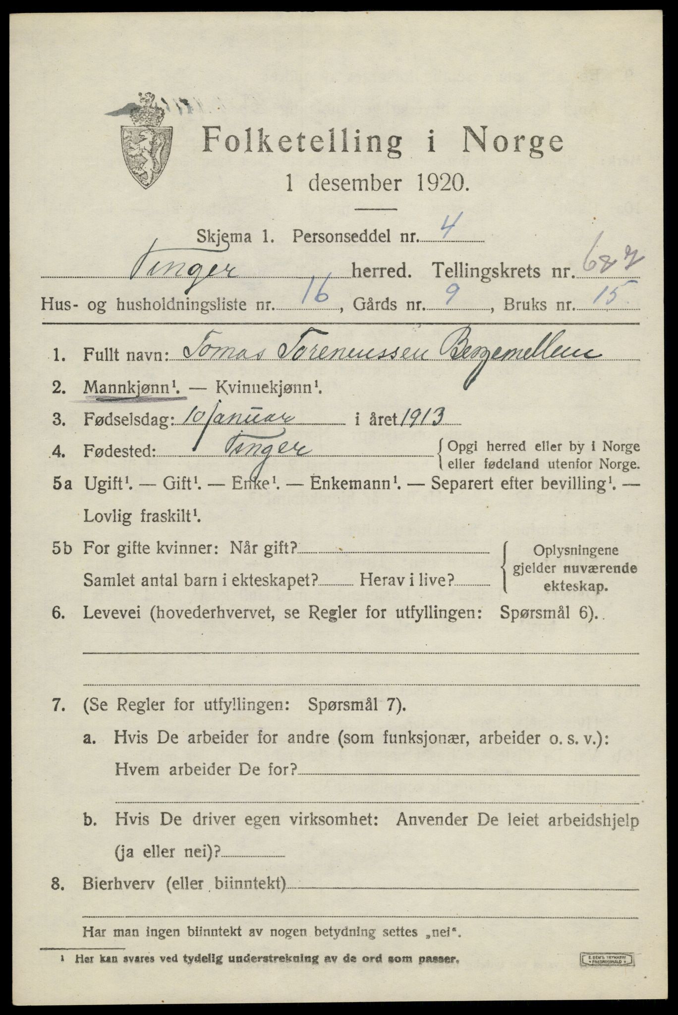 SAH, 1920 census for Vinger, 1920, p. 6184