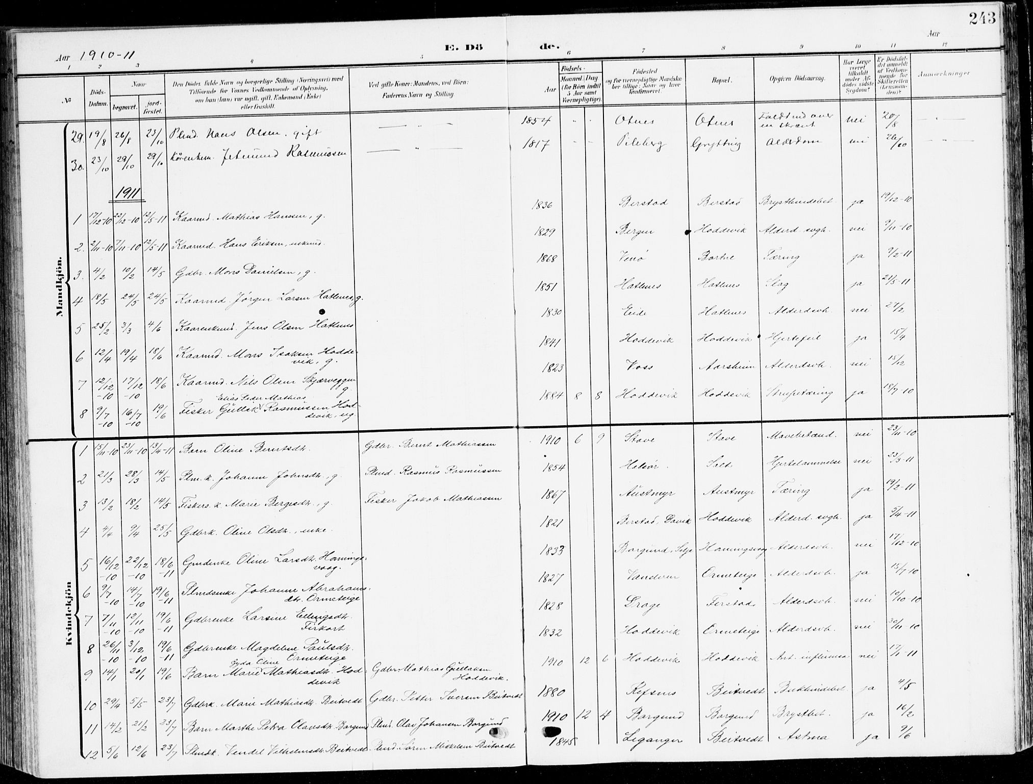 Selje sokneprestembete, SAB/A-99938/H/Ha/Haa/Haab: Parish register (official) no. B 3, 1908-1923, p. 243