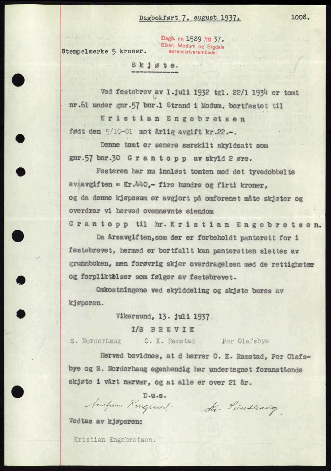 Eiker, Modum og Sigdal sorenskriveri, SAKO/A-123/G/Ga/Gab/L0035: Mortgage book no. A5, 1937-1937, Diary no: : 1589/1937