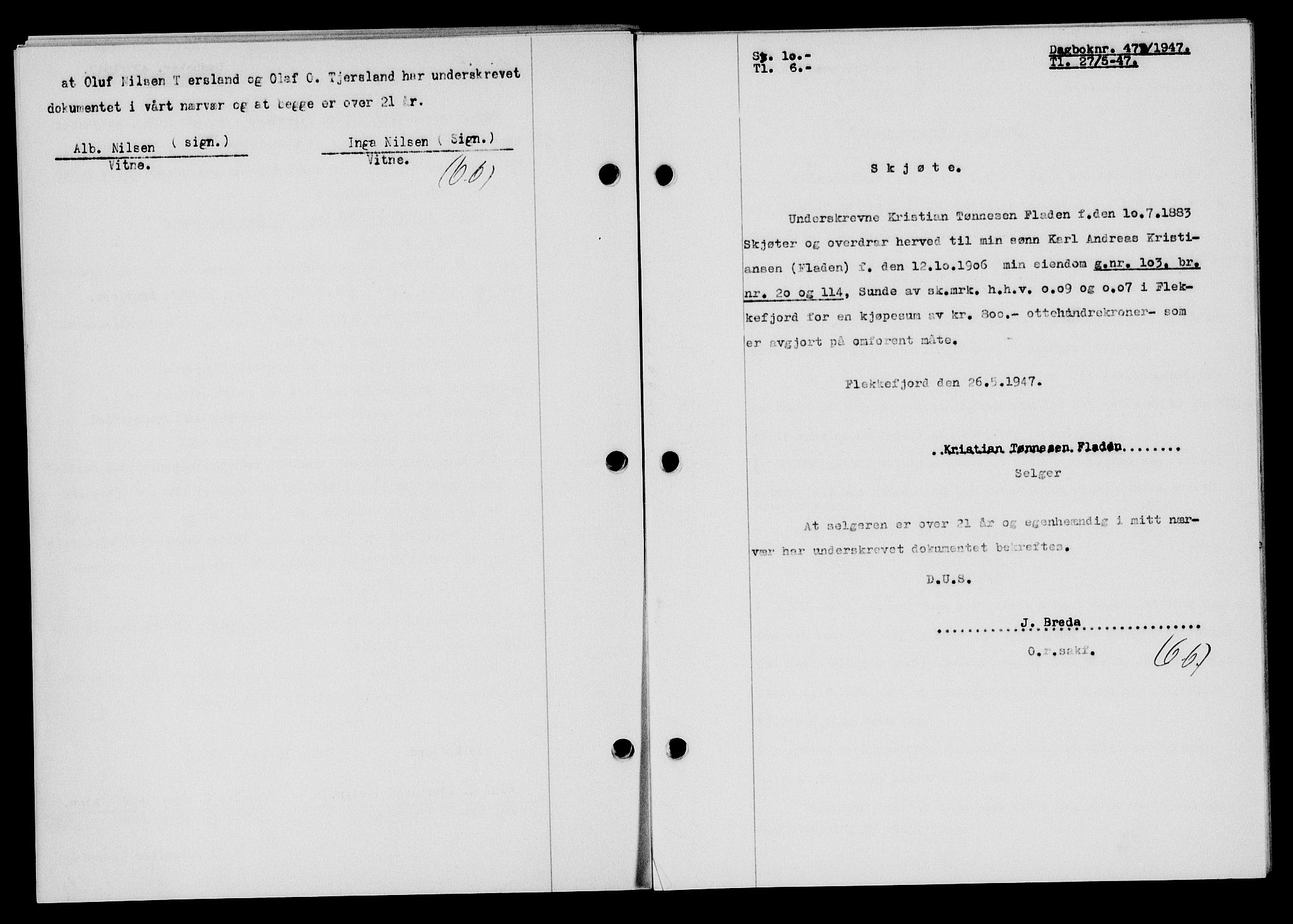 Flekkefjord sorenskriveri, SAK/1221-0001/G/Gb/Gba/L0062: Mortgage book no. A-10, 1947-1947, Diary no: : 478/1947