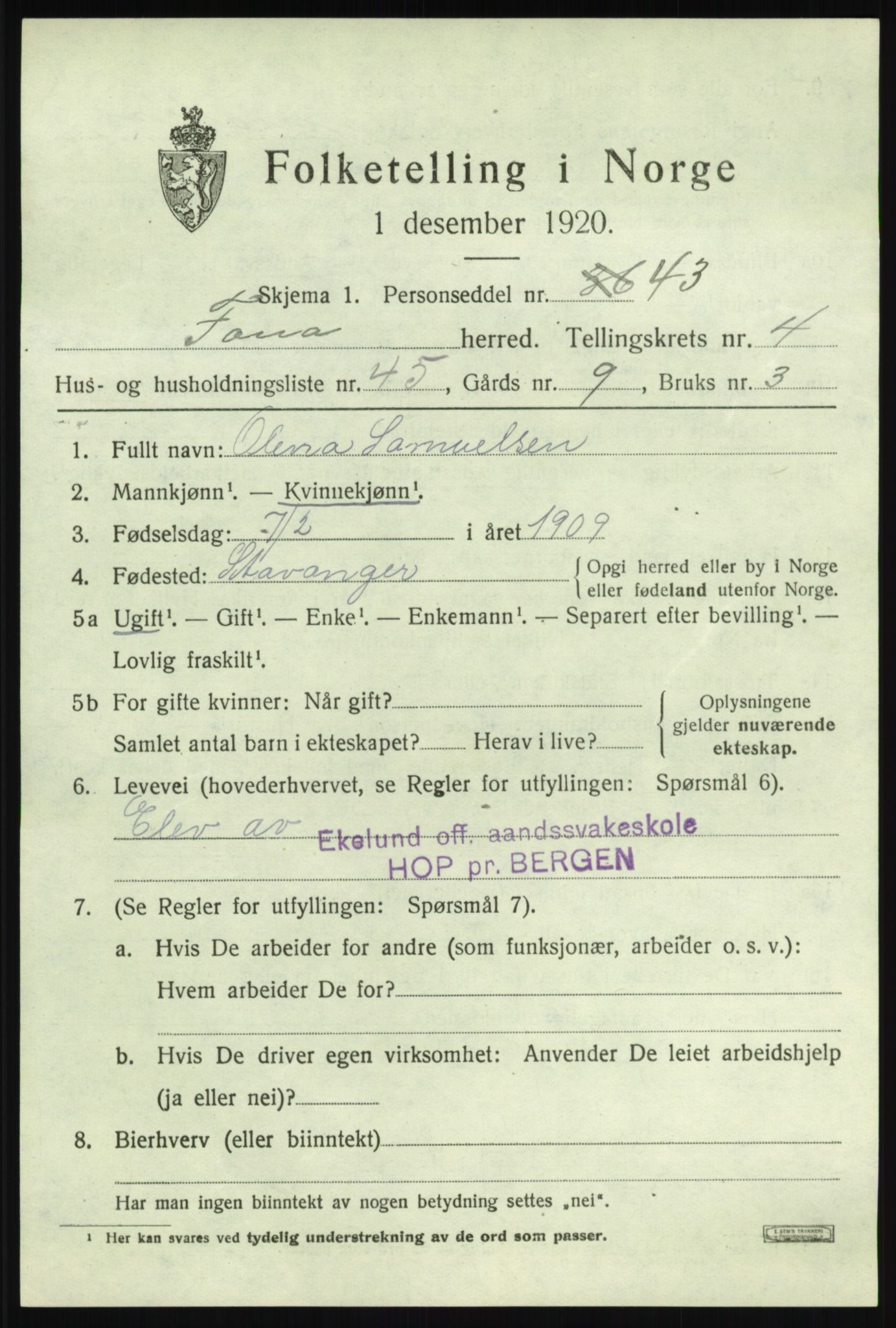 SAB, 1920 census for Fana, 1920, p. 6273