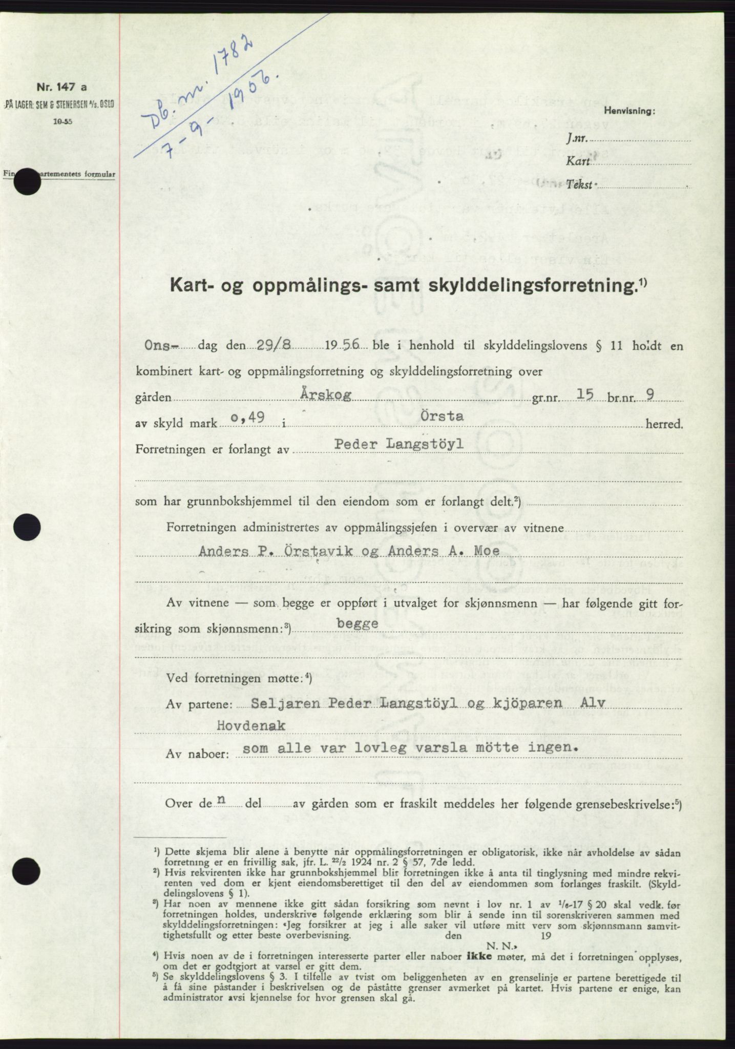 Søre Sunnmøre sorenskriveri, AV/SAT-A-4122/1/2/2C/L0104: Mortgage book no. 30A, 1956-1956, Diary no: : 1782/1956