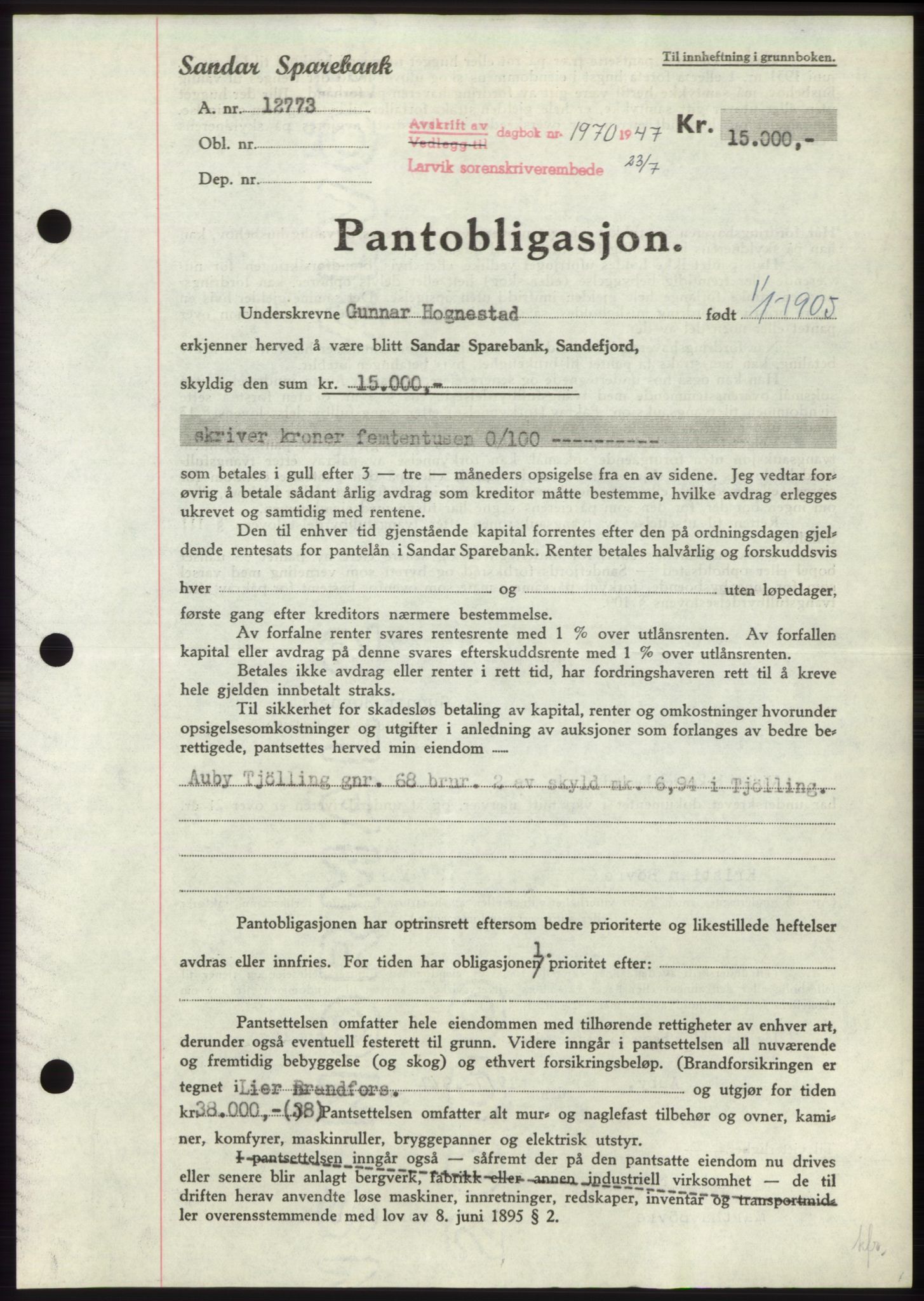 Larvik sorenskriveri, AV/SAKO-A-83/G/Ga/Gac/L0012: Mortgage book no. B-12, 1947-1947, Diary no: : 1970/1947