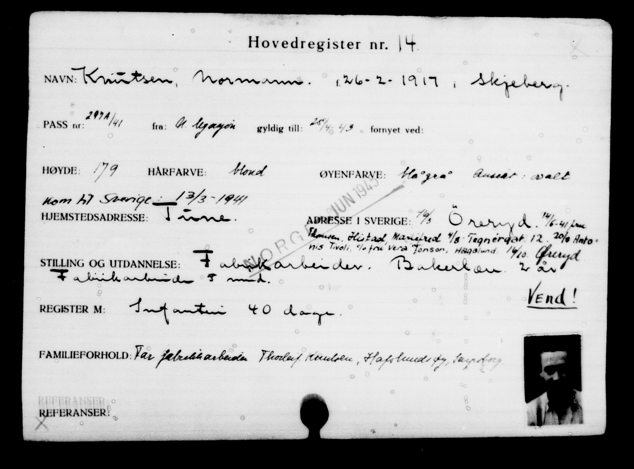 Utenriksstasjonene, Legasjonen i Stockholm, Flyktningkontoret, AV/RA-S-6753/V/Va/L0001: Kjesäterkartoteket, flyktninger med registreringsnr. 1-1000, 1940-1945, p. 19