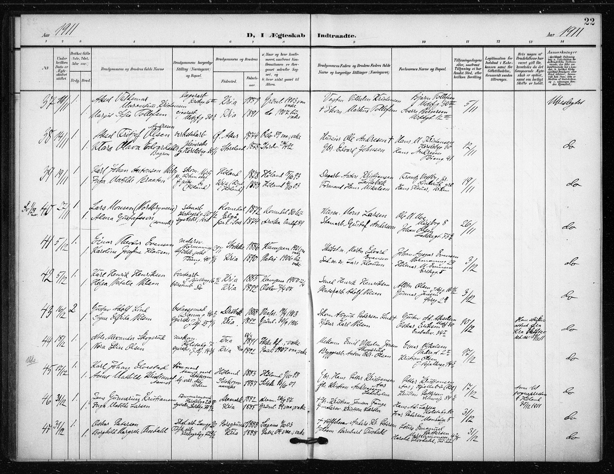 Tøyen prestekontor Kirkebøker, AV/SAO-A-10167a/F/Fa/L0002: Parish register (official) no. I 2, 1907-1916, p. 22