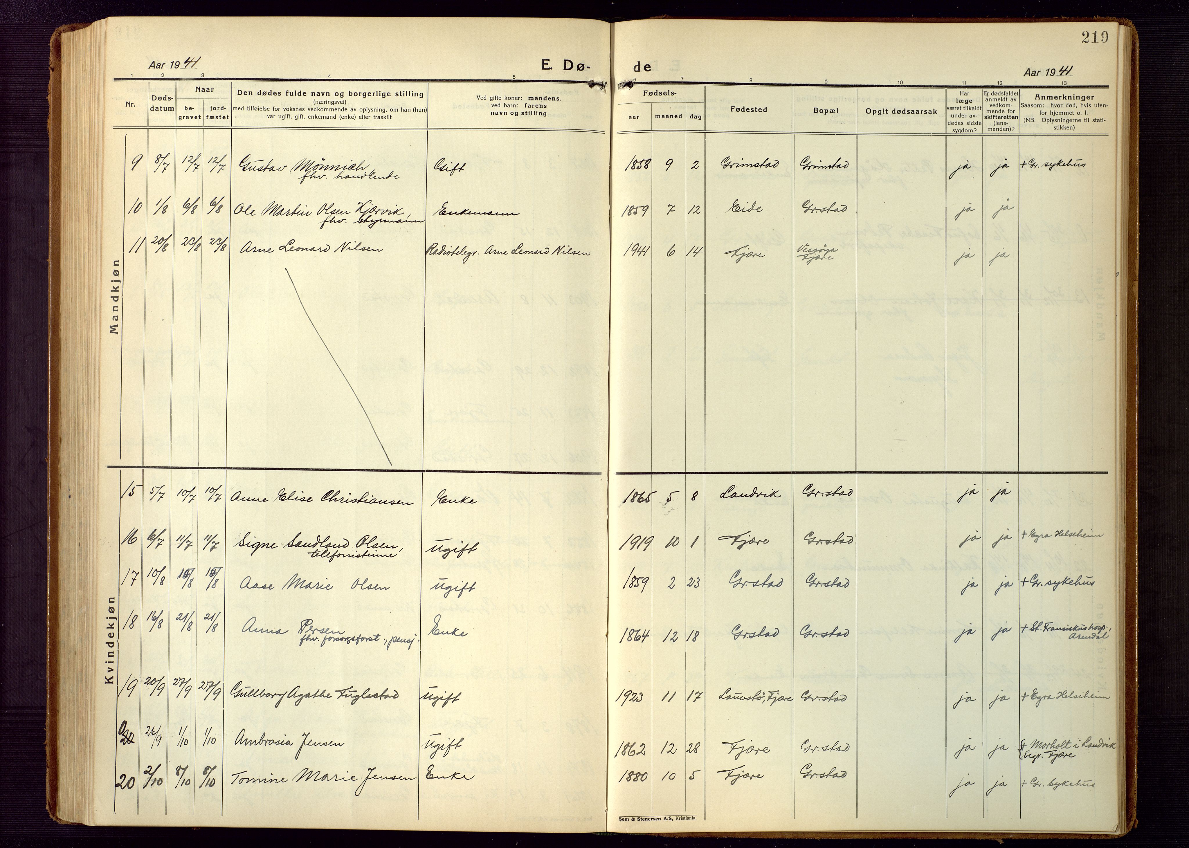 Grimstad sokneprestkontor, AV/SAK-1111-0017/F/Fb/L0002: Parish register (copy) no. B 2, 1923-1949, p. 219