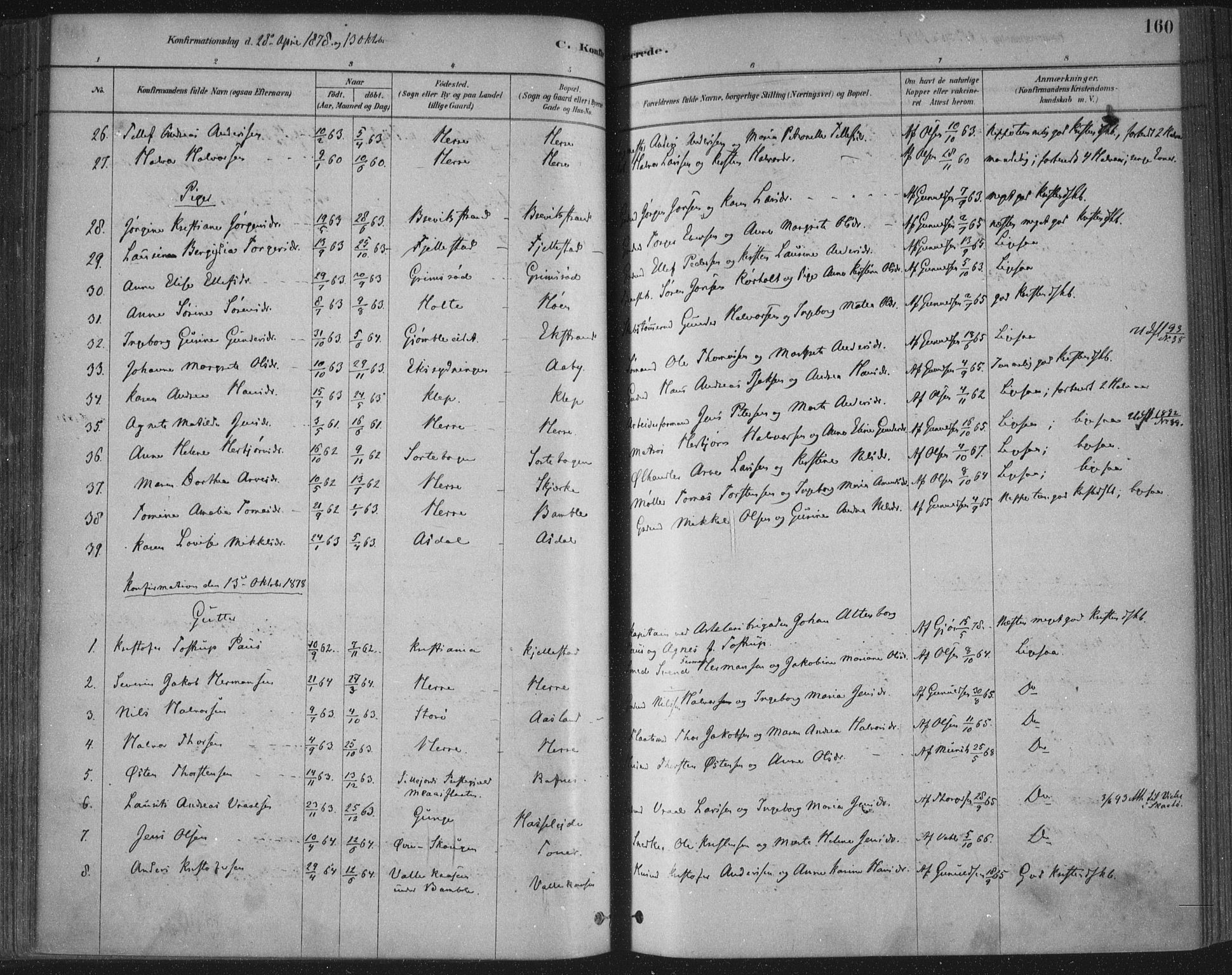 Bamble kirkebøker, AV/SAKO-A-253/F/Fa/L0007: Parish register (official) no. I 7, 1878-1888, p. 160