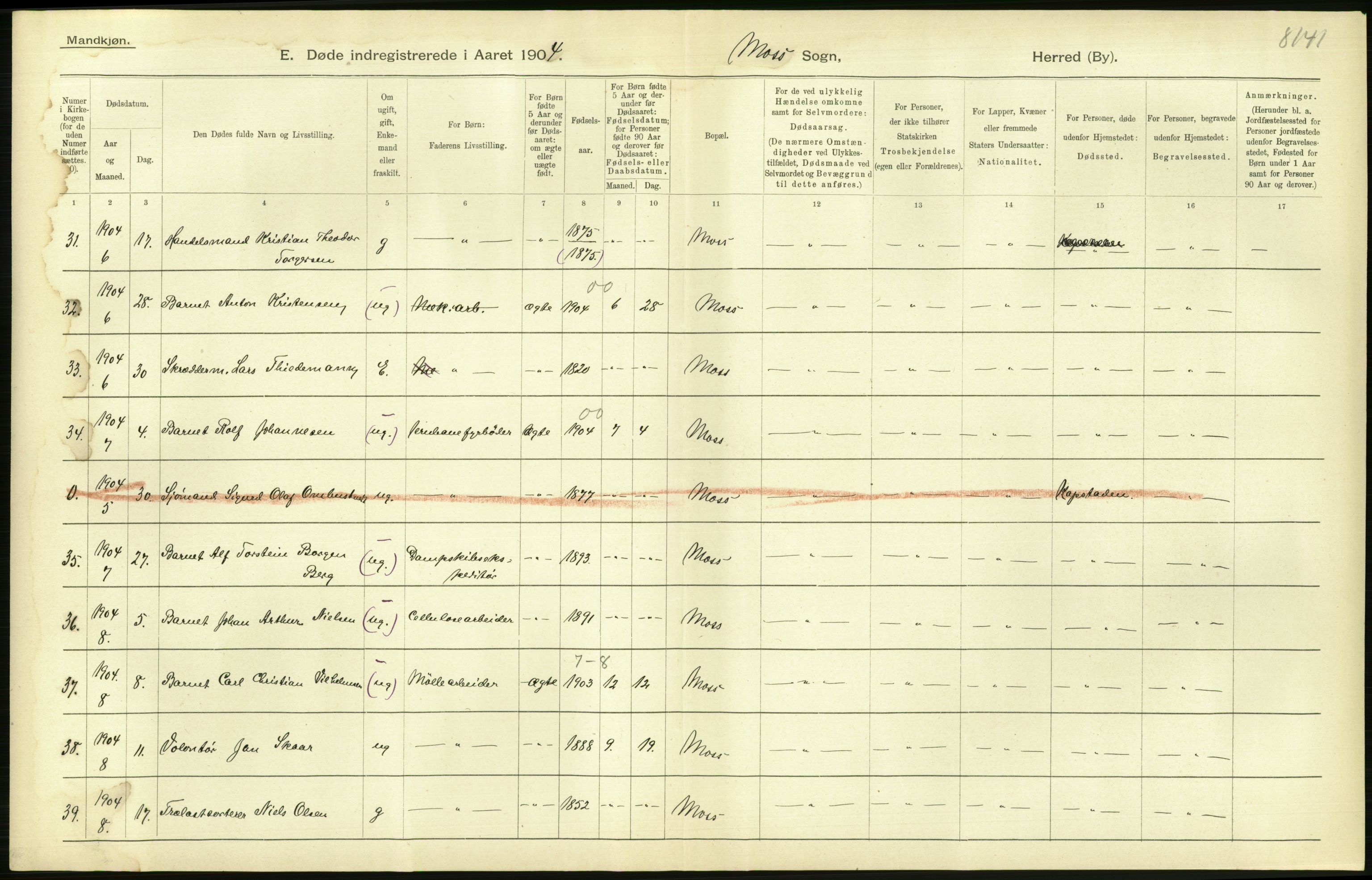 Statistisk sentralbyrå, Sosiodemografiske emner, Befolkning, AV/RA-S-2228/D/Df/Dfa/Dfab/L0001: Smålenenes amt: Fødte, gifte, døde, 1904, p. 807