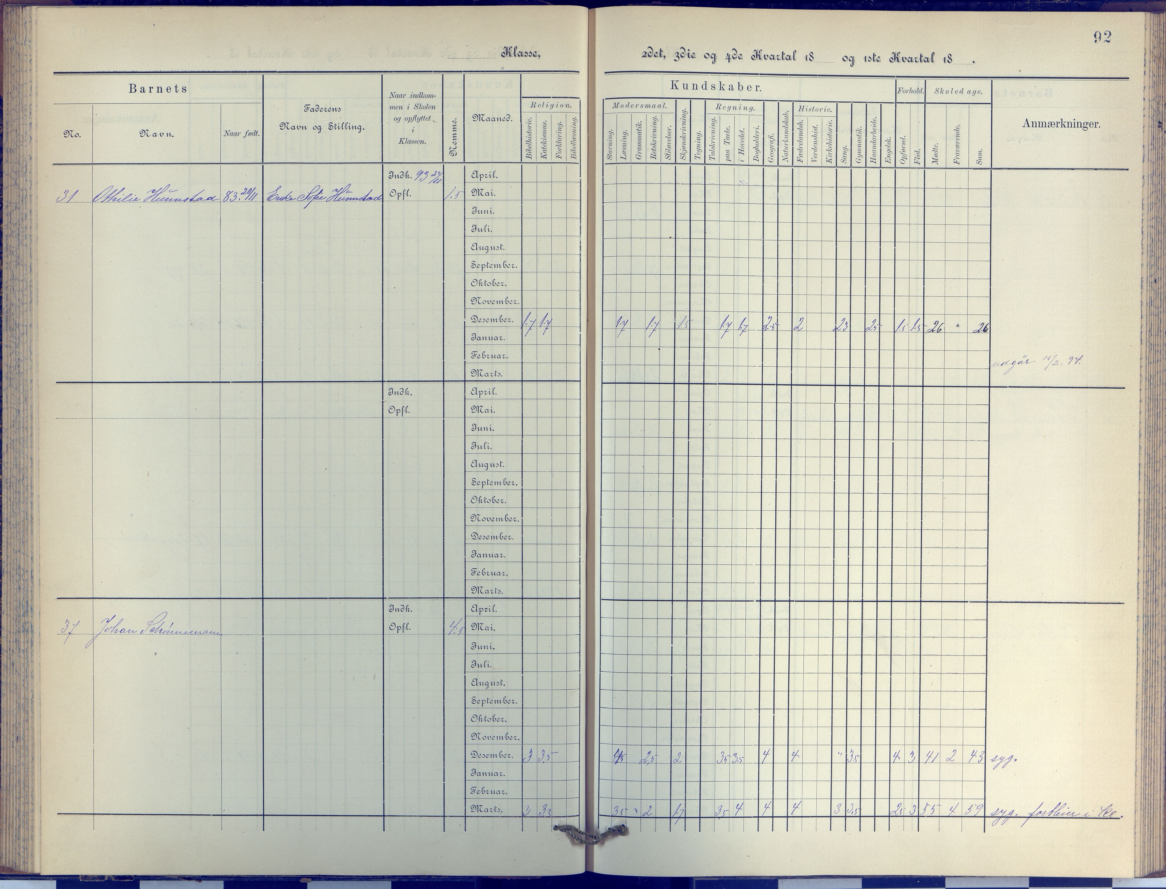 Arendal kommune, Katalog I, AAKS/KA0906-PK-I/07/L0038: Protokoll for 3. klasse, 1890-1897, p. 92