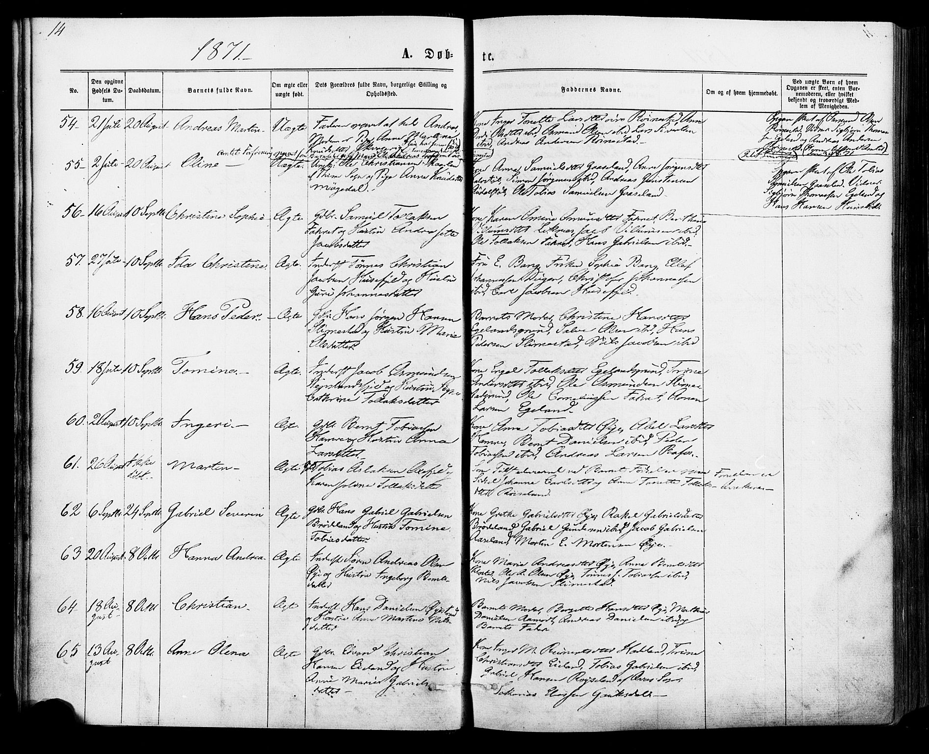 Kvinesdal sokneprestkontor, AV/SAK-1111-0026/F/Fa/Fab/L0007: Parish register (official) no. A 7, 1870-1885, p. 14